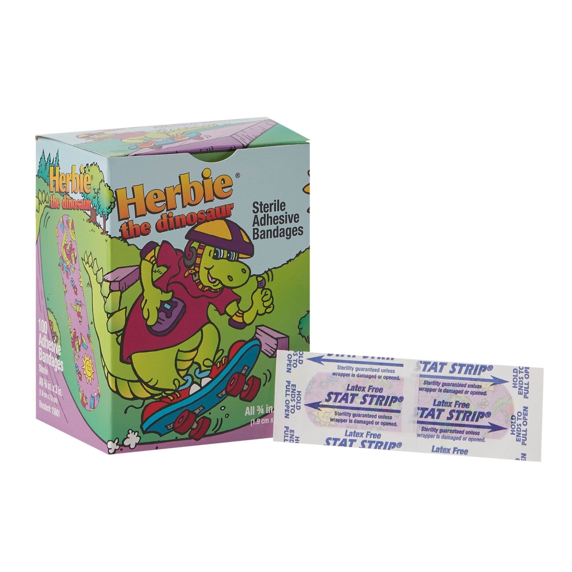 Adhesive Strip American® White Cross Stat Strip® 3/4 X 3 Inch Plastic Rectangle Kid Design (Herbie the Dinosaur) Sterile