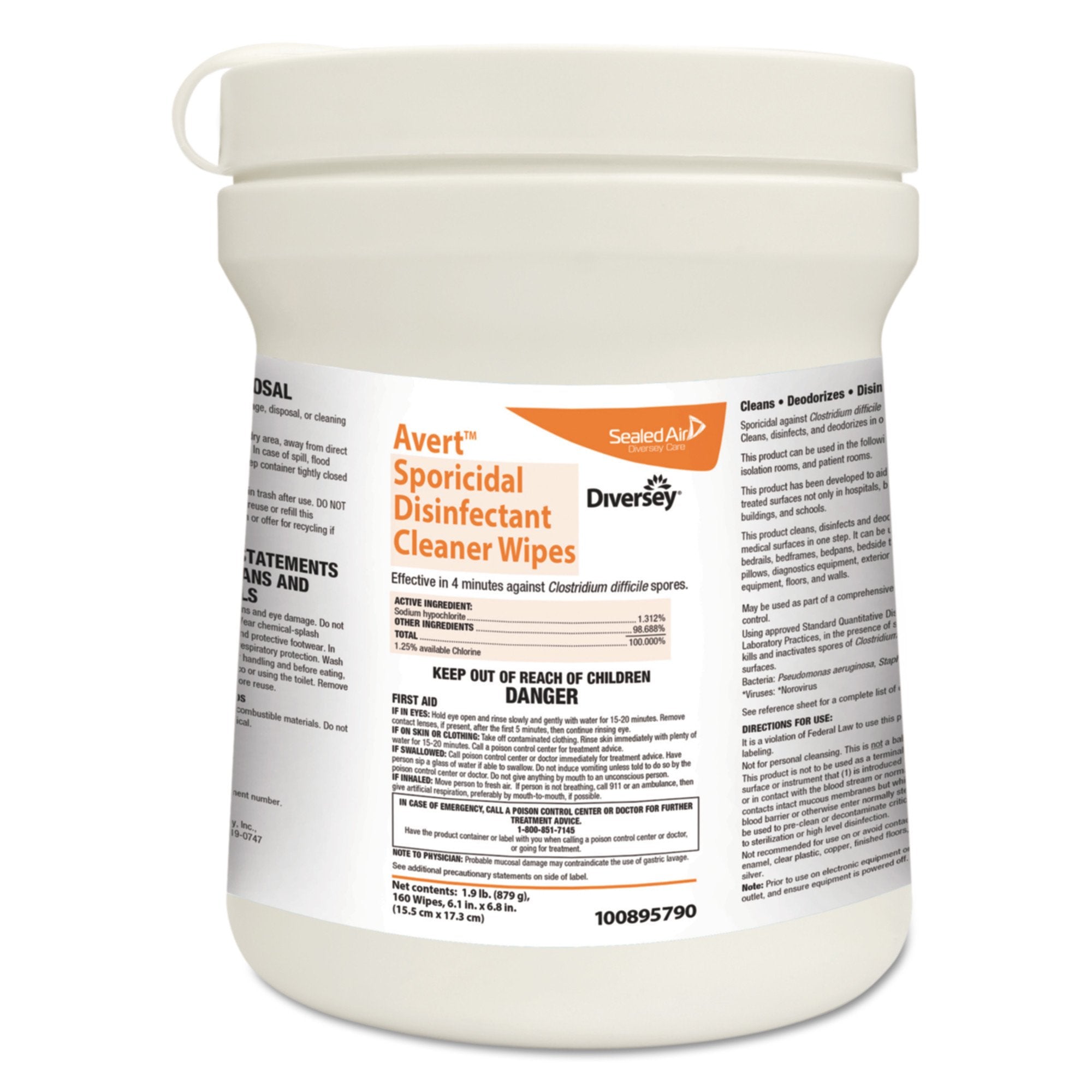 Diversey™ Avert™ Surface Disinfectant Cleaner Premoistened Manual Pull Wipe 160 Count Canister Chlorine Scent NonSterile