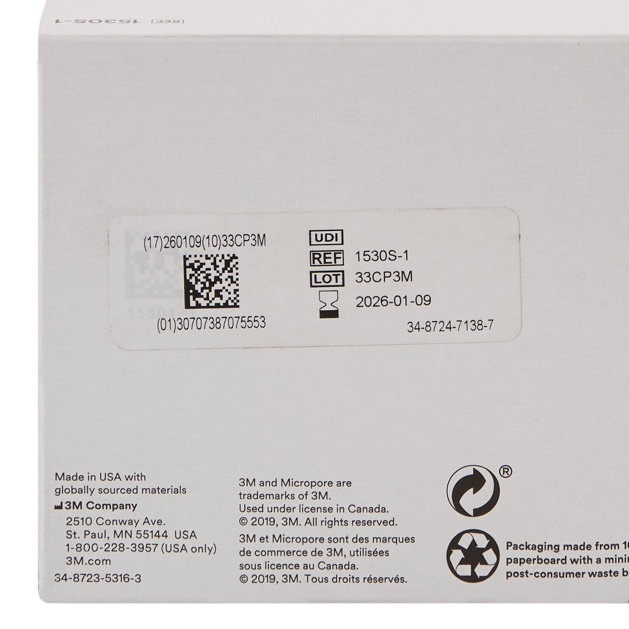 Medical Tape 3M™ Micropore™ White 1 Inch X 1-1/2 Yard Paper NonSterile