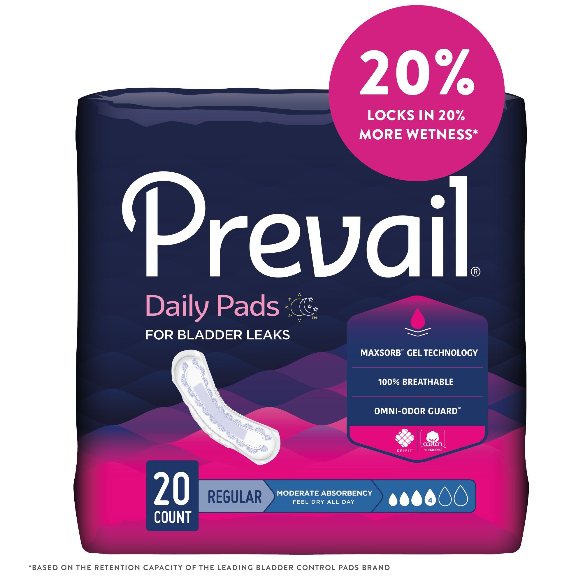 Bladder Control Pad Prevail® Daily Pads 9-1/4 Inch Length Moderate Absorbency Polymer Core One Size Fits Most