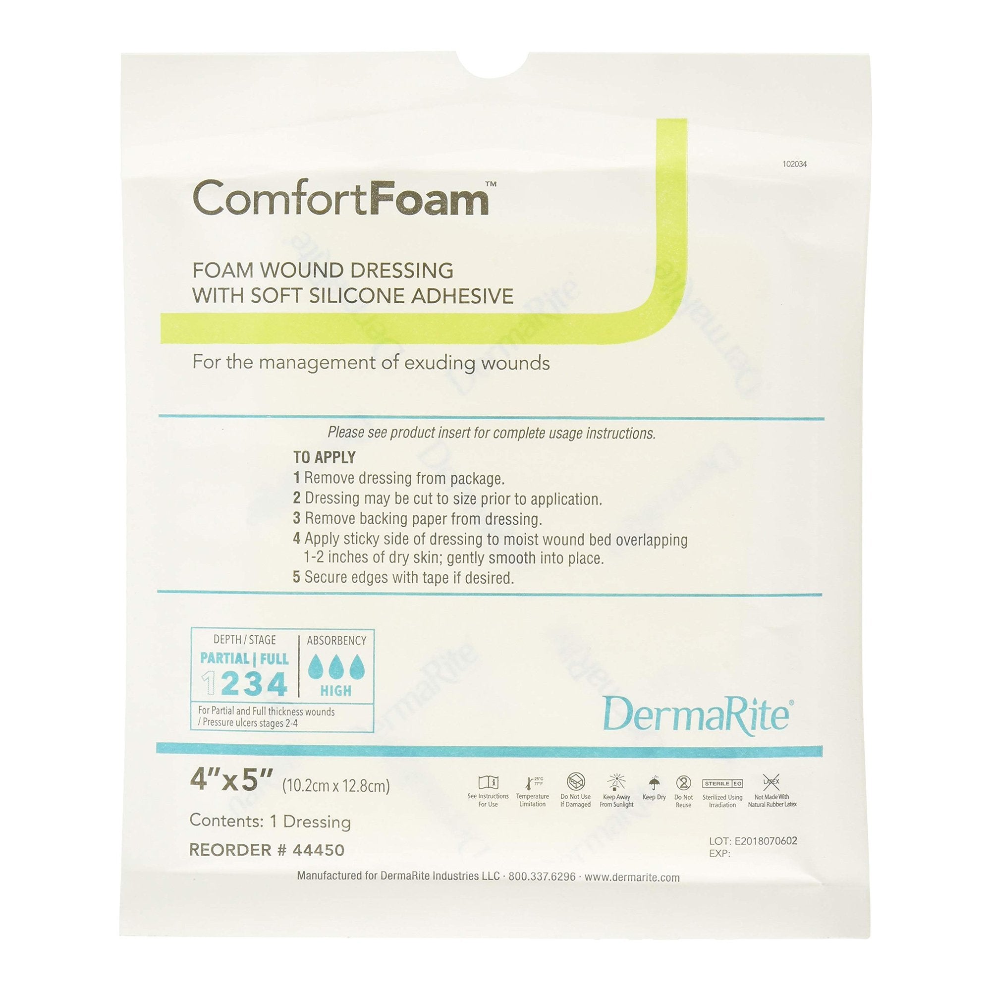 Foam Dressing ComfortFoam™ 4 X 5 Inch Without Border Film Backing Silicone Face Rectangle Sterile