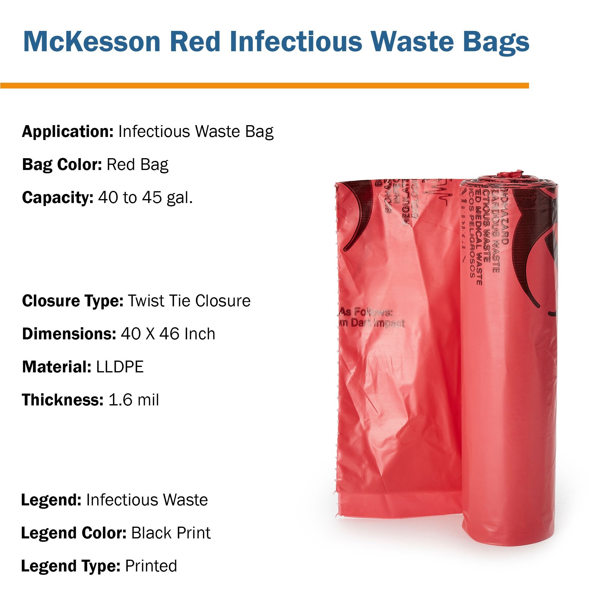 Infectious Waste Bag McKesson 40 to 45 gal. Red Bag LLDPE 40 X 46 Inch