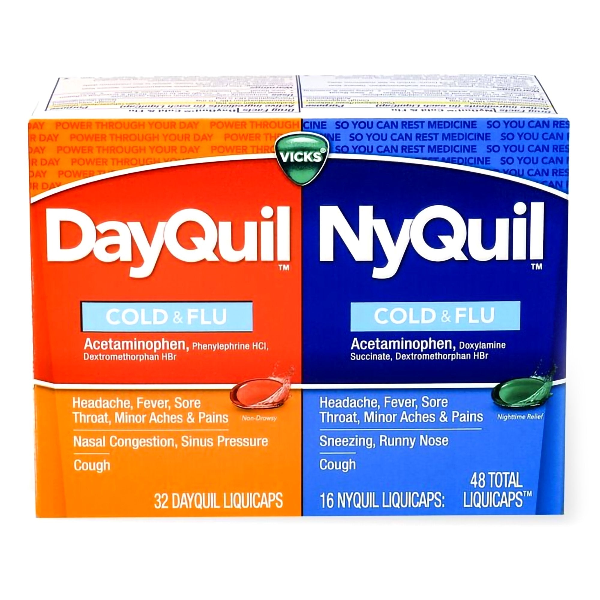 Cold and Cough Relief DayQuil® Nyquil® Combo Pack 325 mg - 10 mg - 5 mg Strength and 325 mg - 15 mg - 6.25 mg Strength Gelcap 48 per Box