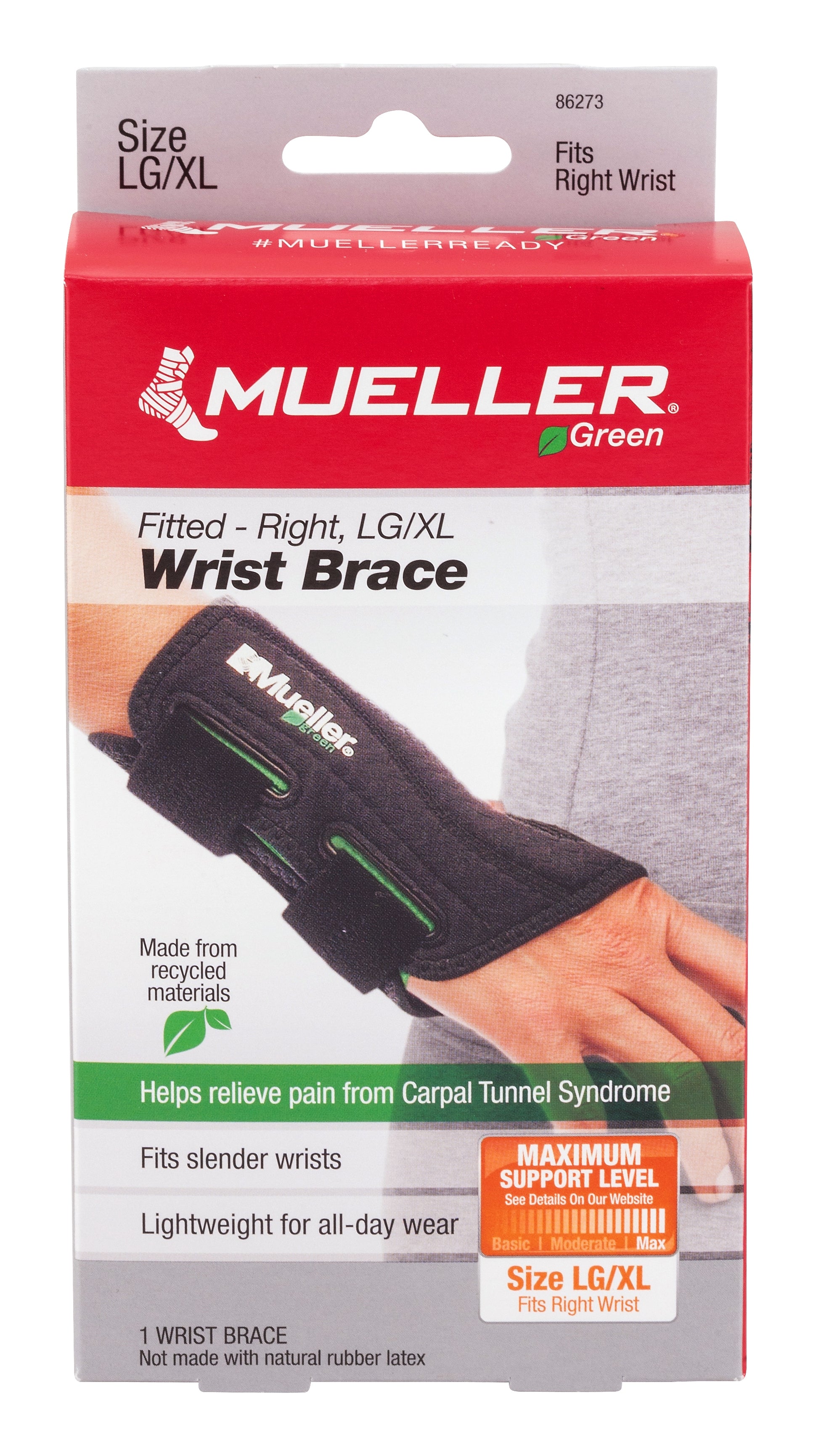 Wrist Brace Mueller® Green Plastic / Spandex Right Hand Black Large / X-Large