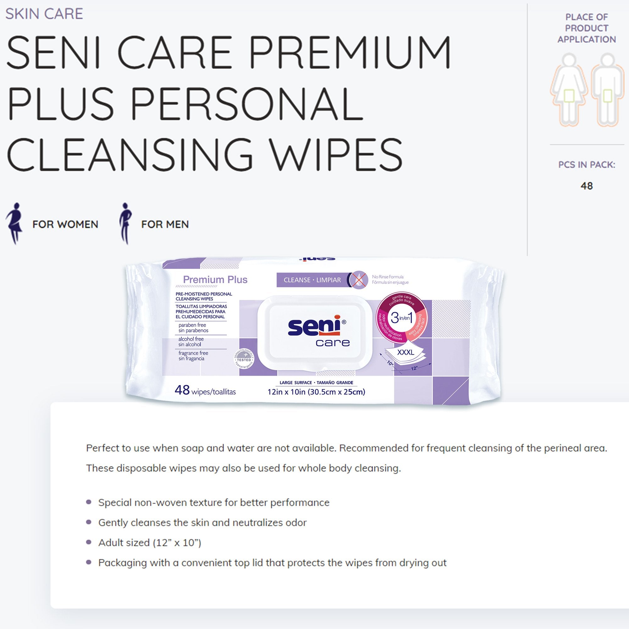 Personal Cleansing Wipe Seni® Care Soft Pack Unscented 48 Count