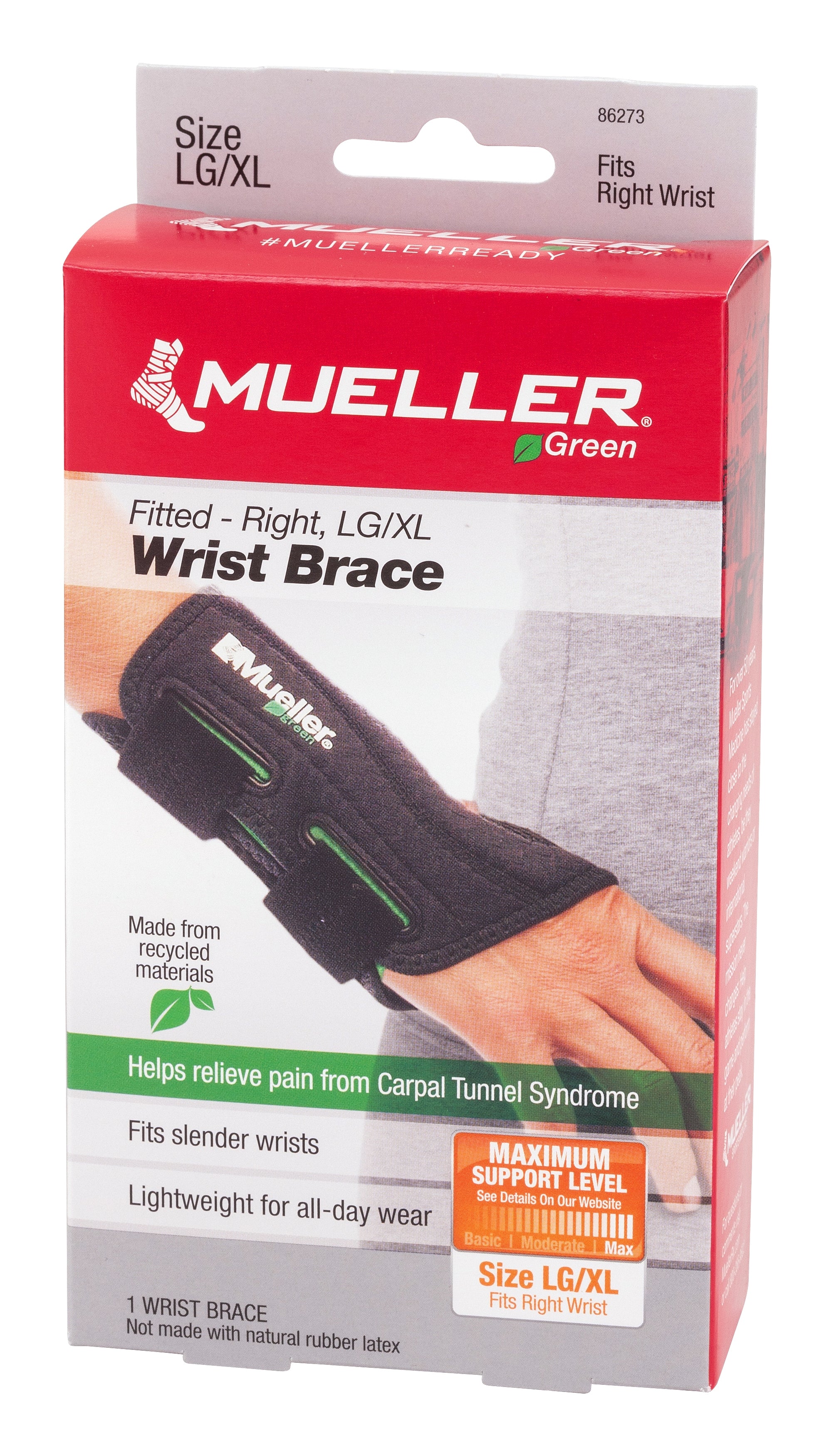 Wrist Brace Mueller® Green Plastic / Spandex Right Hand Black Large / X-Large