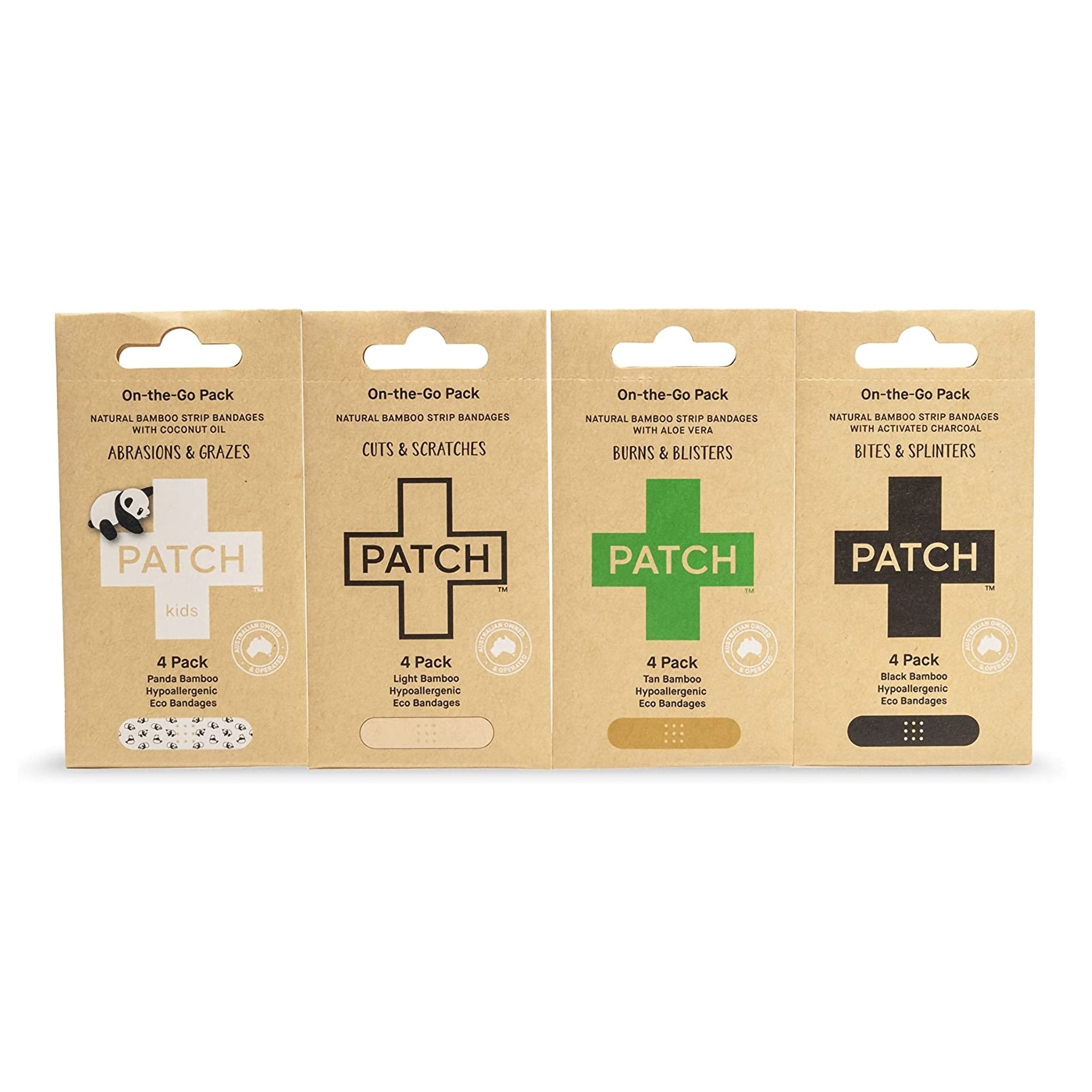 Adhesive Strip Patch™ On The Go Sample Pack 3/4 X 3 Inch Bamboo / Activated Charcoal / Coconut Oil / Aloe Vera Rectangle Tan Sterile