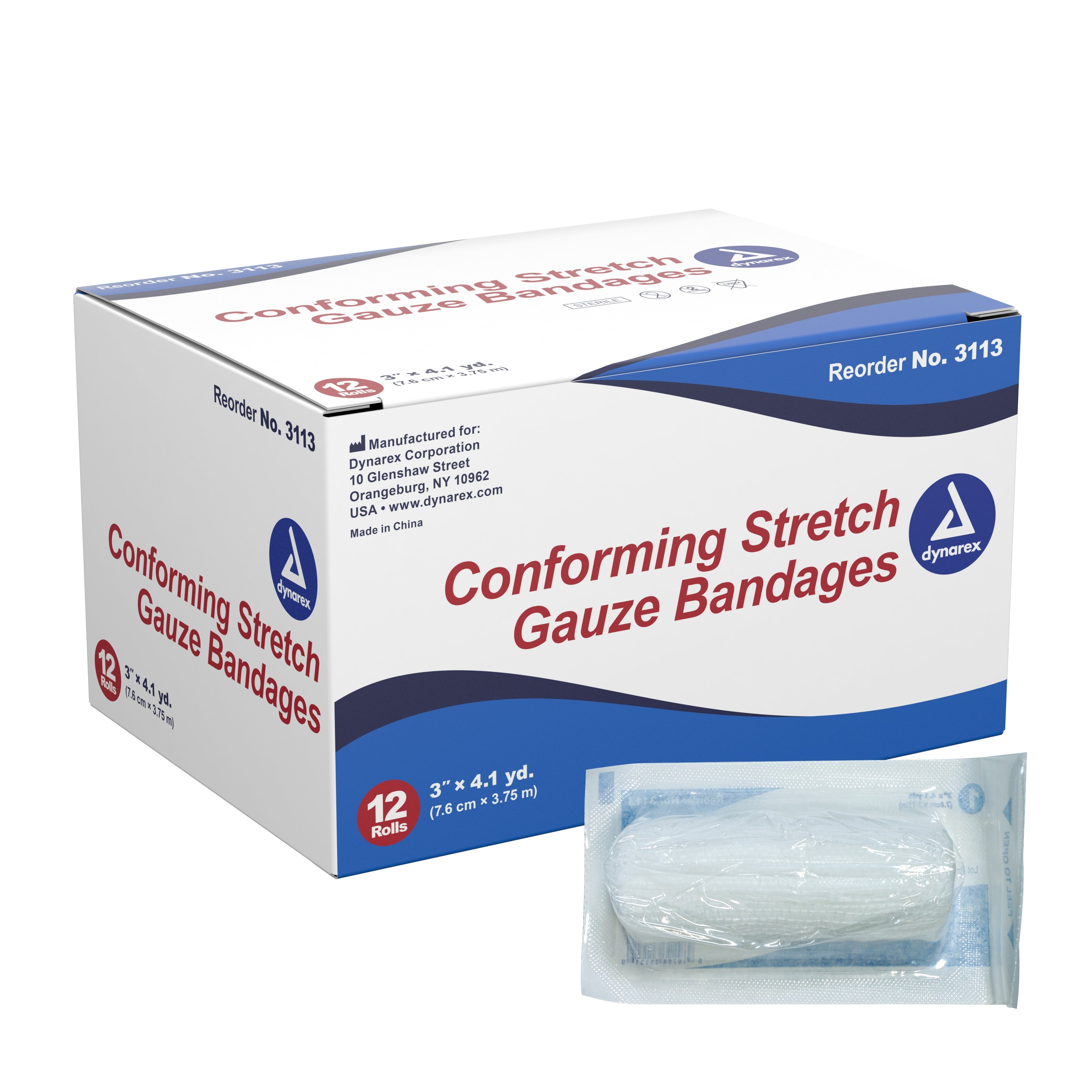 Conforming Bandage Dynarex® 3 Inch X 4-1/10 Yard 1 per Pouch Sterile 1-Ply Roll Shape