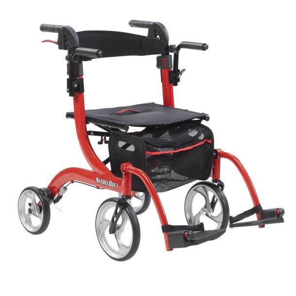 4 Wheel Rollator / Transport Chair drive™ Nitro Duet Red Adjustable Height / Transport / Folding Aluminum Frame