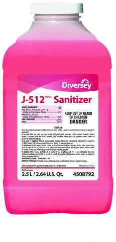 Diversey™ J-512™ Sanitizer Surface Cleaner / Sanitizer Quaternary Based J-Fill® Dispensing Systems Liquid Concentrate 2.5 Liter Bottle Chemical Scent NonSterile