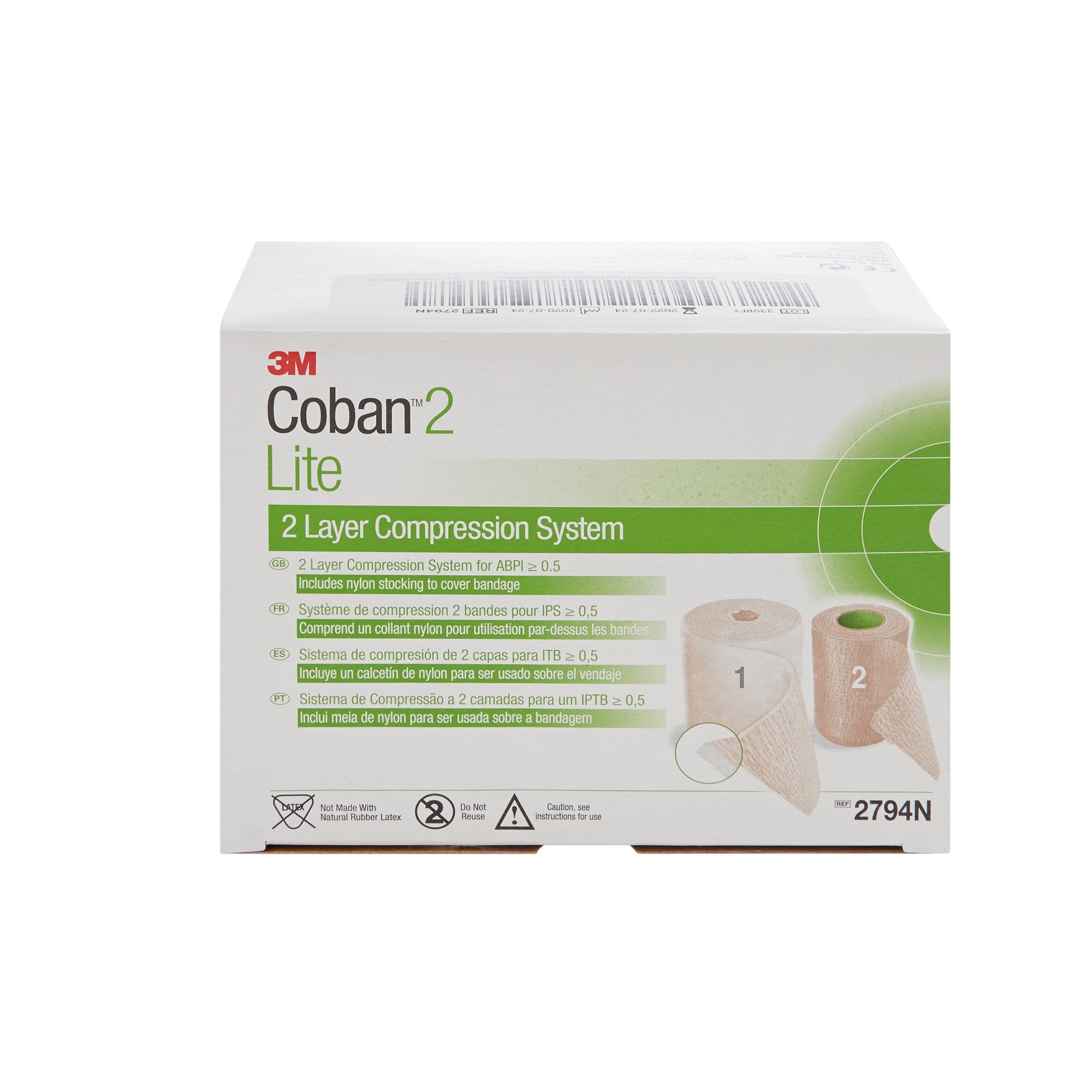 2 Layer Compression Bandage System 3M™ Coban™2 Lite 4 Inch X 2-9/10 Yard / 4 Inch X 5-1/10 Yard Self-Adherent / Pull On Closure Tan / White NonSterile 25 to 30 mmHg