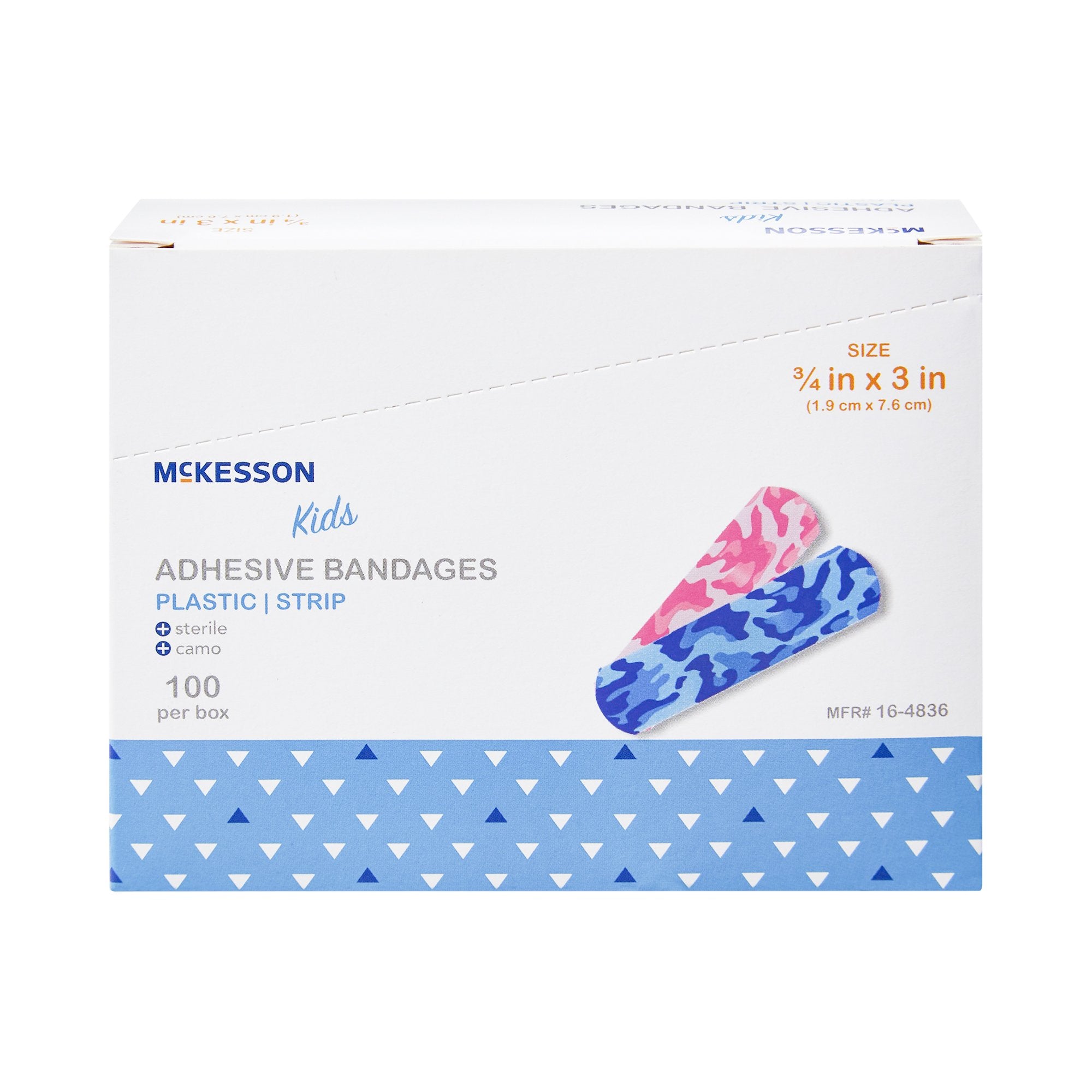Adhesive Strip McKesson Kids™ 3/4 X 3 Inch Plastic Rectangle Kid Design (Blue / Pink Camo) Sterile