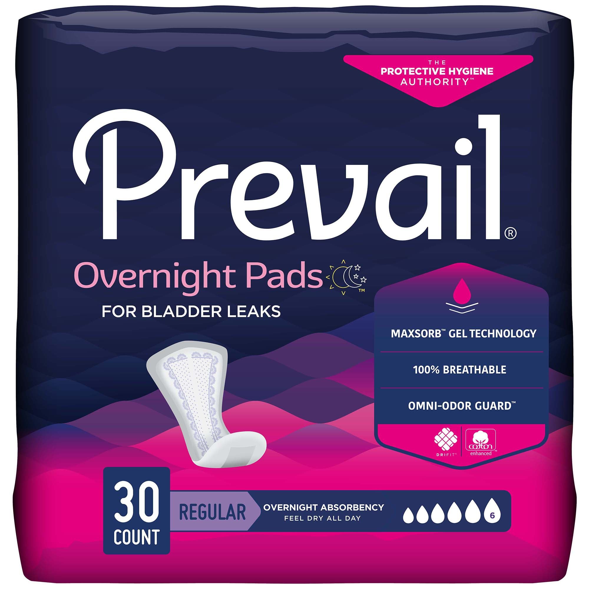 Bladder Control Pad Prevail® Daily Pads Overnight 16 Inch Length Heavy Absorbency Polymer Core One Size Fits Most
