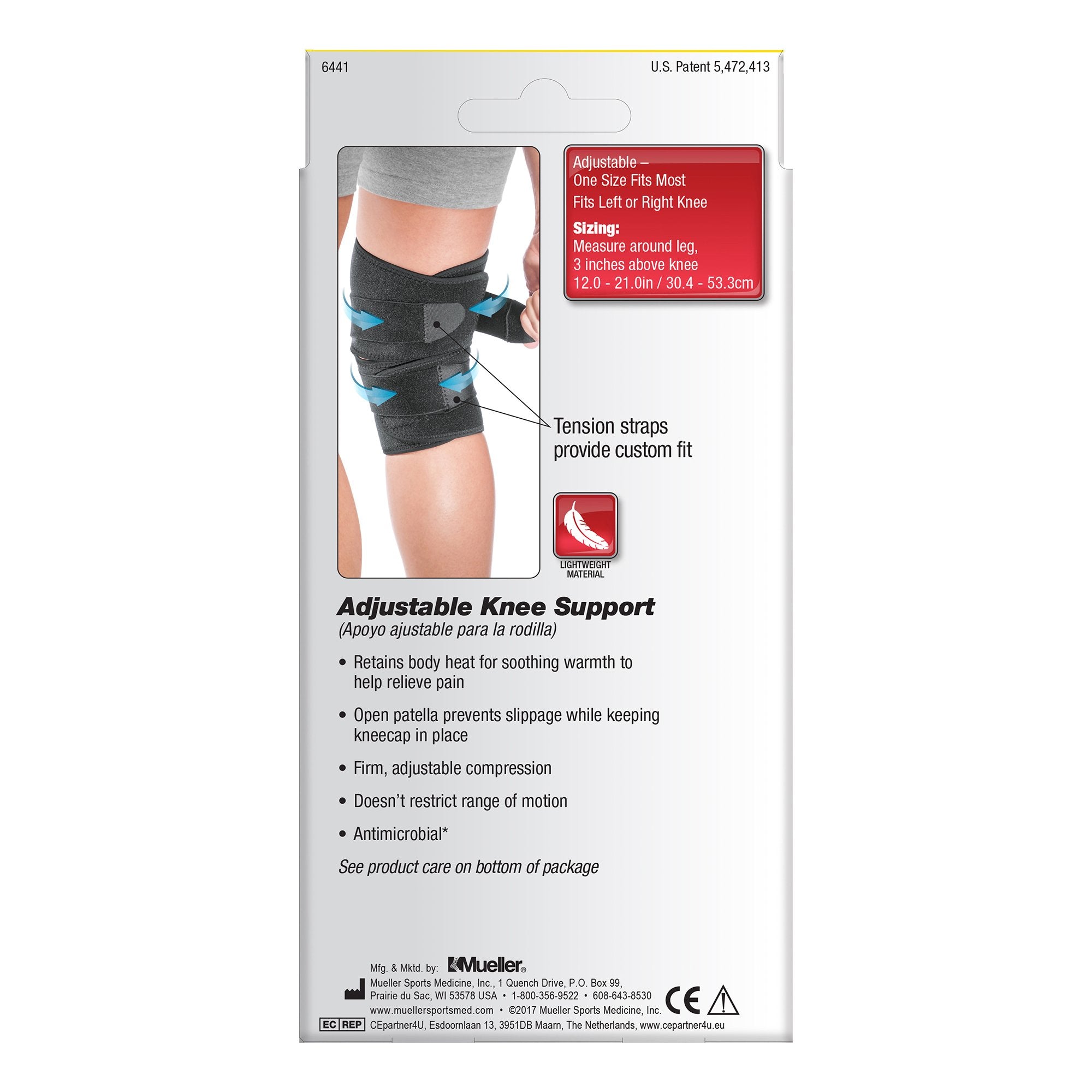 Knee Support Mueller® Sport Care® One Size Fits Most Hook and Loop Strap Closure 12 to 21 Inch Above Knee Circumference Left or Right Knee