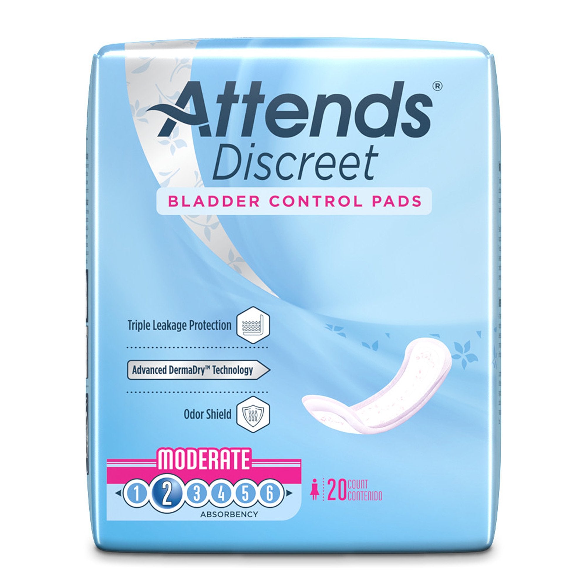 Bladder Control Pad Attends® Discreet 10-1/2 Inch Length Moderate Absorbency Polymer Core One Size Fits Most