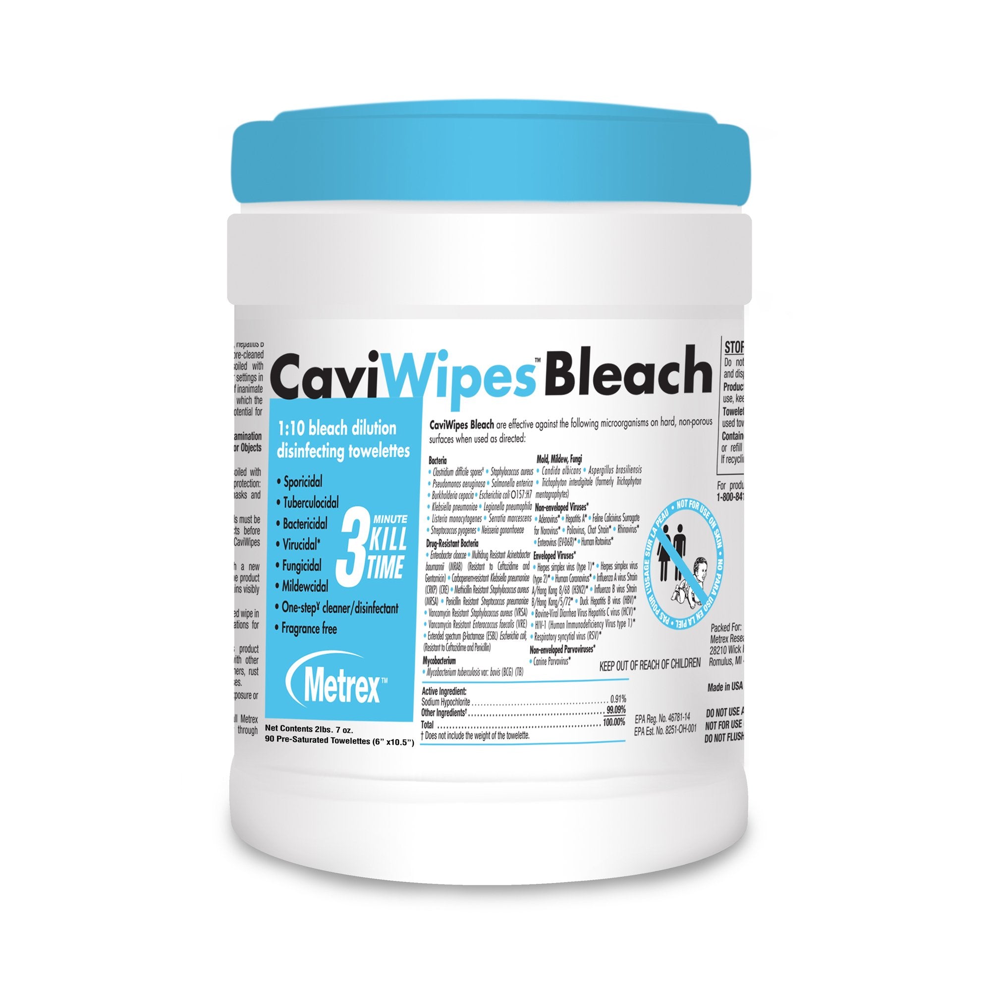 CaviWipes™ Bleach Surface Disinfectant Cleaner Premoistened Manual Pull Wipe 90 Count Canister Bleach Scent NonSterile