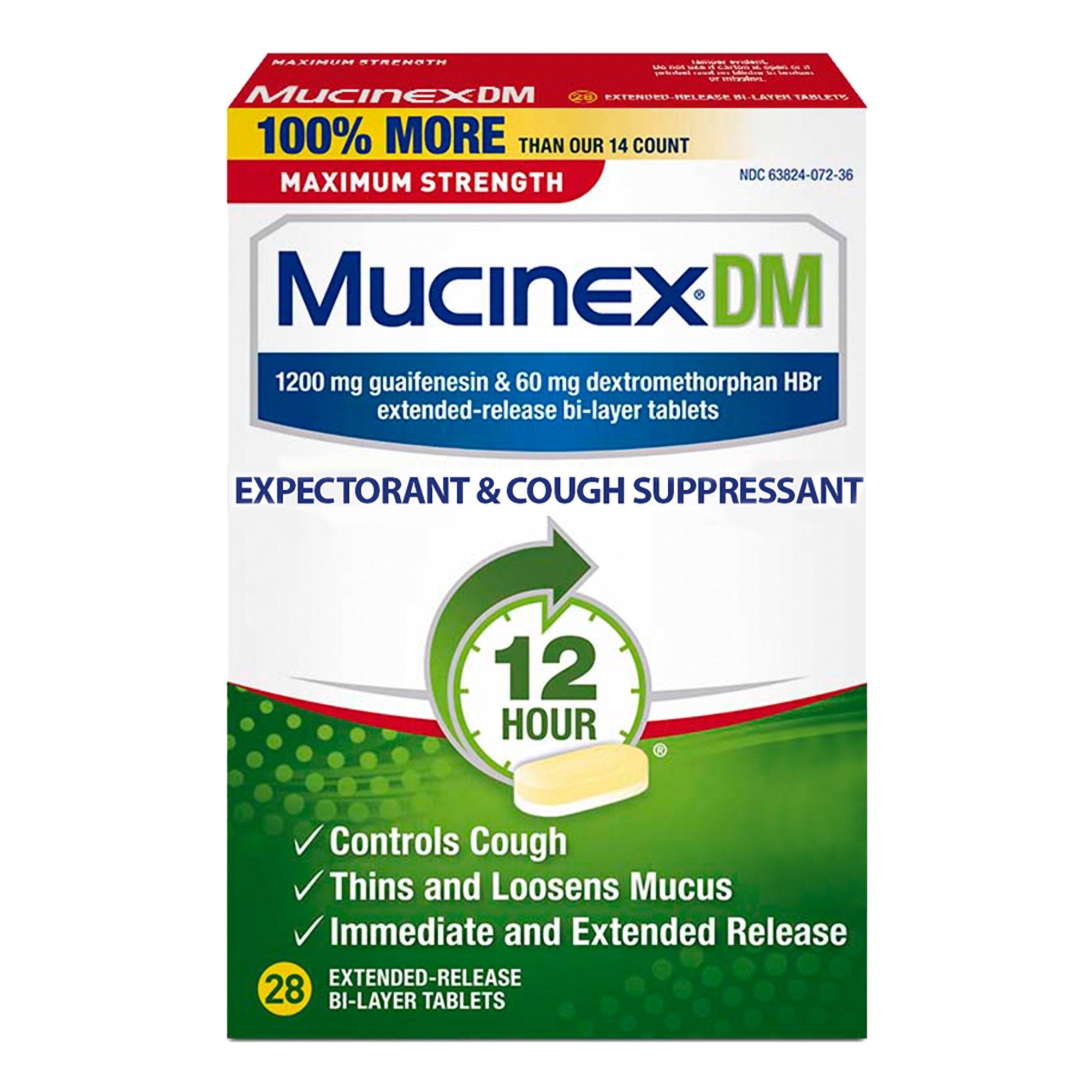Cold and Cough Relief Mucinex® DM 1,200 mg - 60 mg Strength Tablet 28 per Box