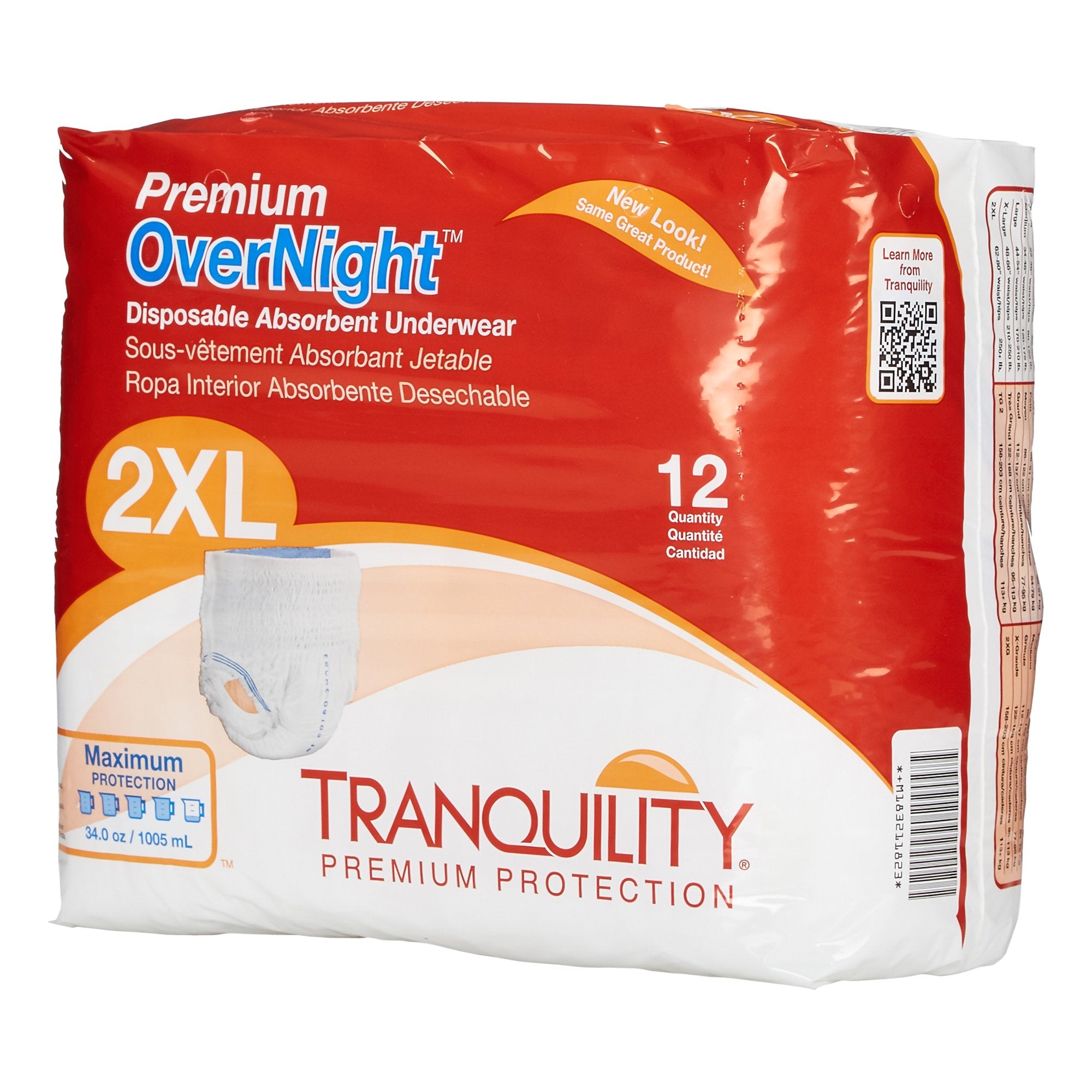 Unisex Adult Absorbent Underwear Tranquility® Premium OverNight™ Pull On with Tear Away Seams 2X-Large Disposable Heavy Absorbency