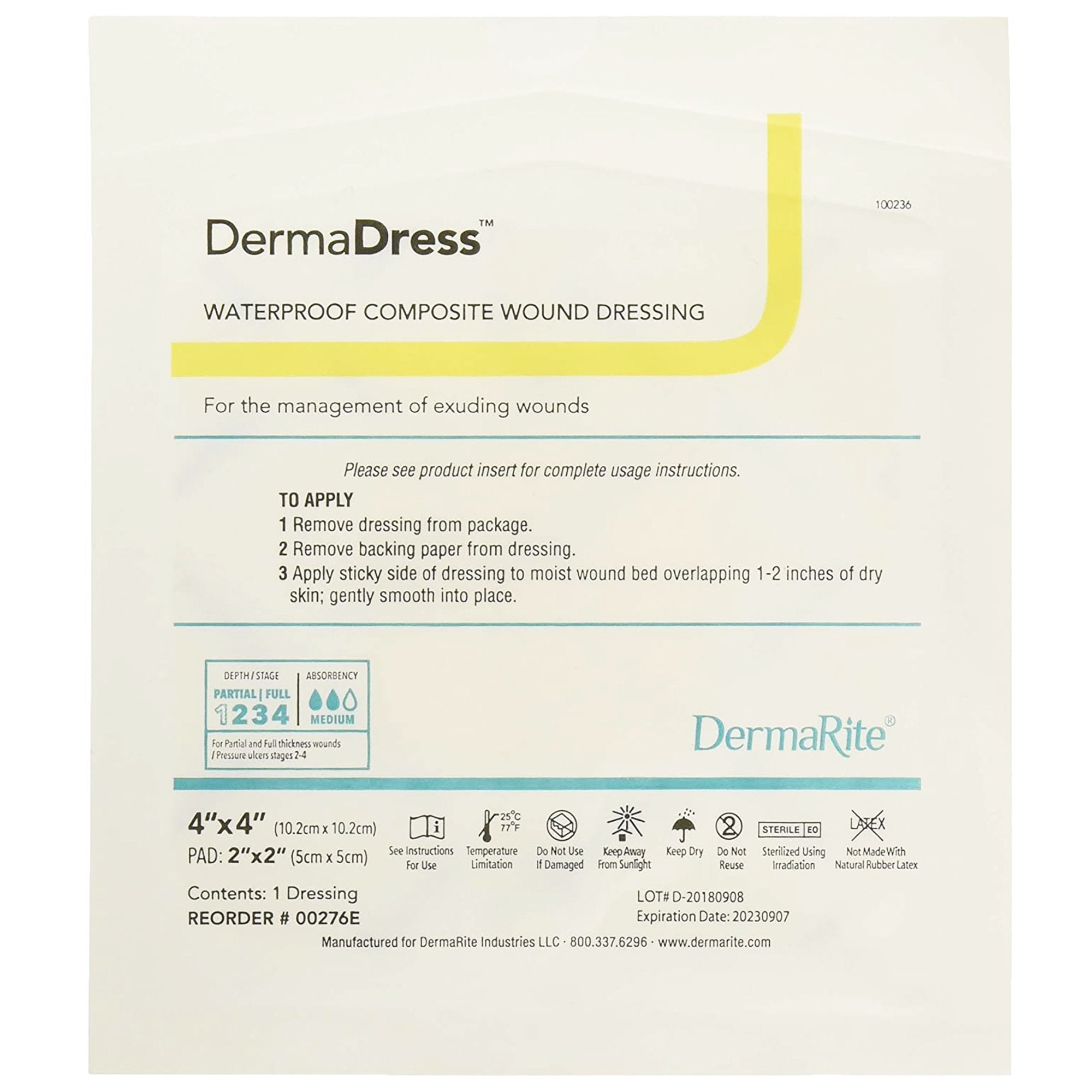 Composite Dressing DermaDress™ 4 X 4 Inch Square Sterile Waterproof Film Backing