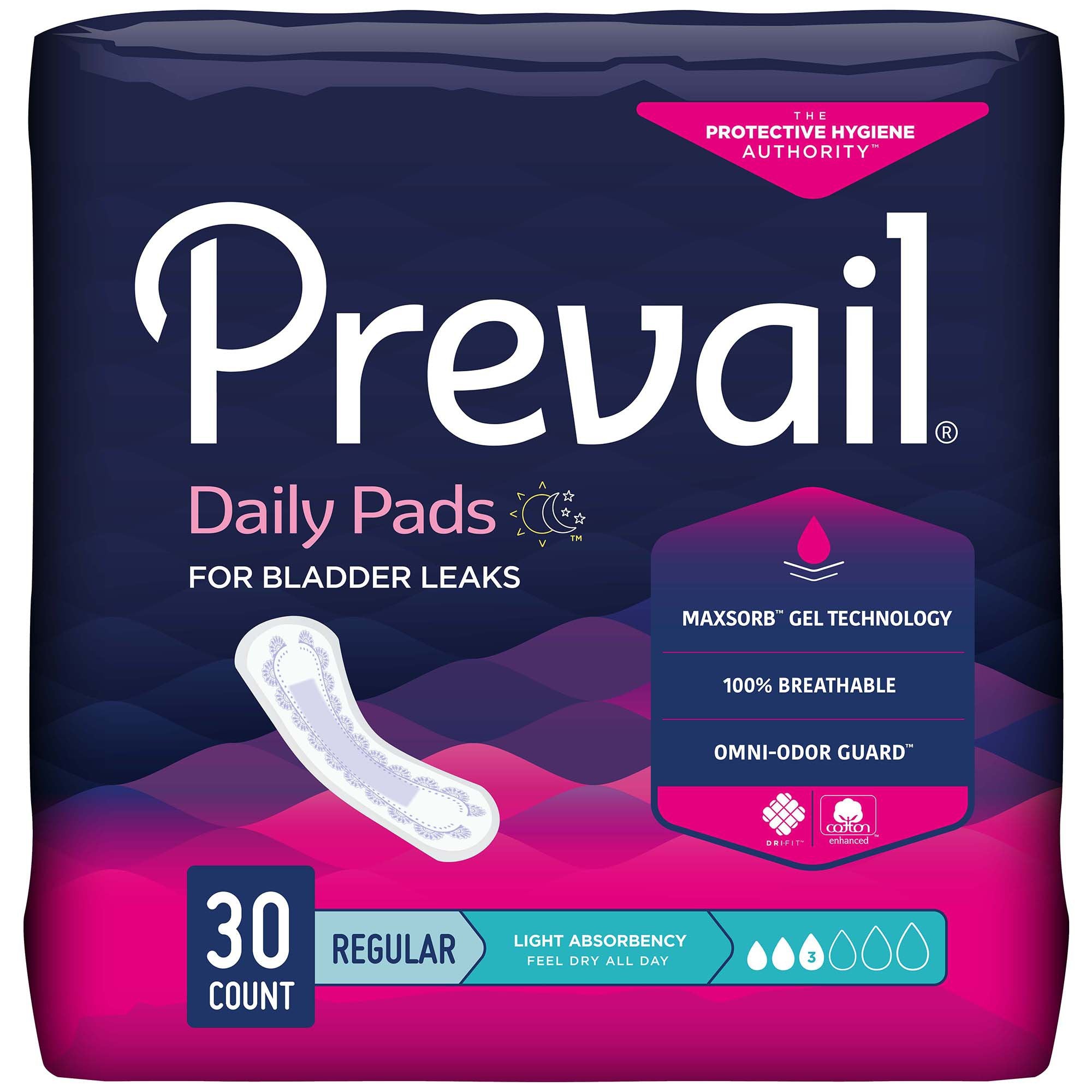 Bladder Control Pad Prevail® Daily Pads 9-1/4 Inch Length Light Absorbency Polymer Core One Size Fits Most