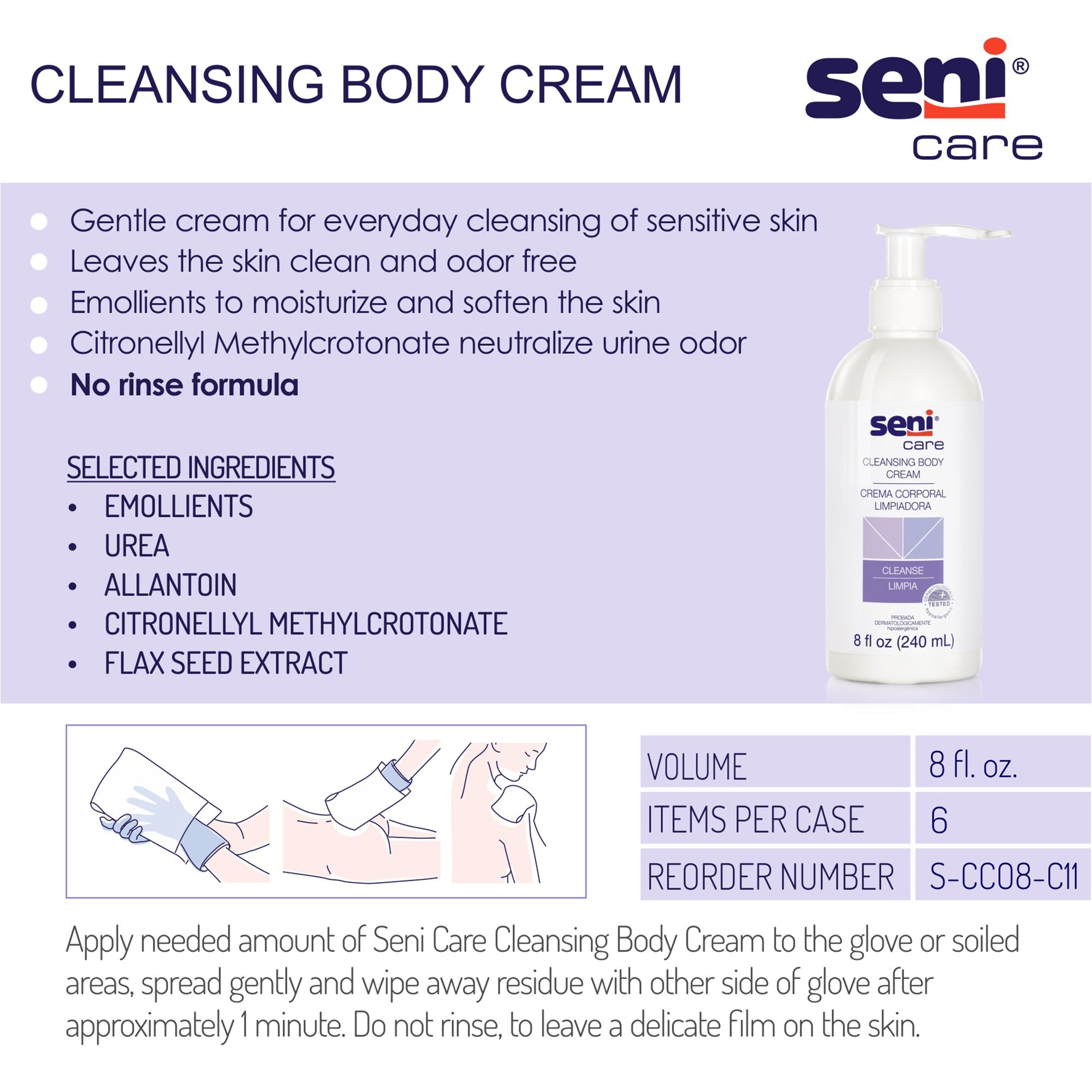 Rinse-Free Body Wash Seni® Care Cream 8 oz. Pump Bottle Light Scent