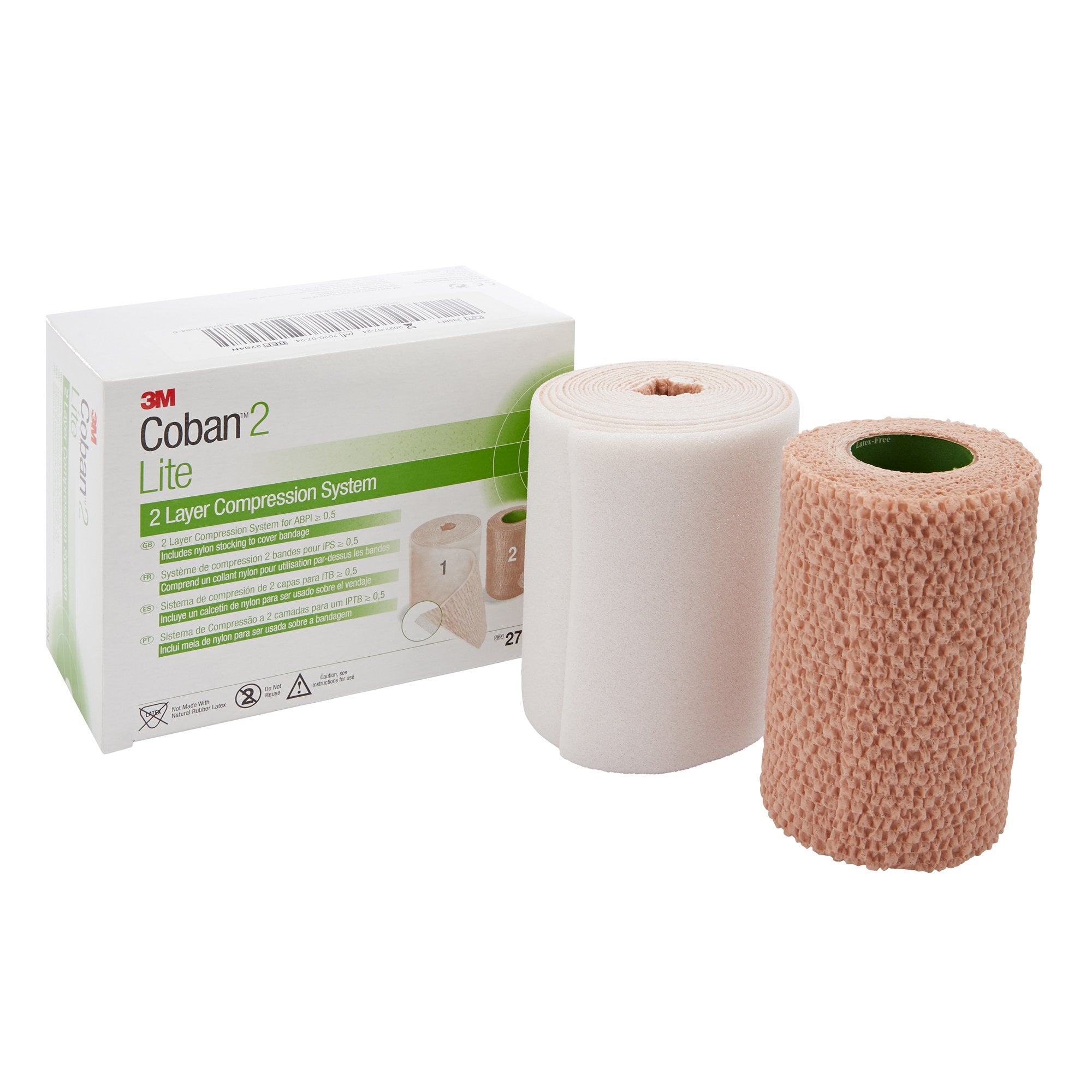 2 Layer Compression Bandage System 3M™ Coban™2 Lite 4 Inch X 2-9/10 Yard / 4 Inch X 5-1/10 Yard Self-Adherent / Pull On Closure Tan / White NonSterile 25 to 30 mmHg