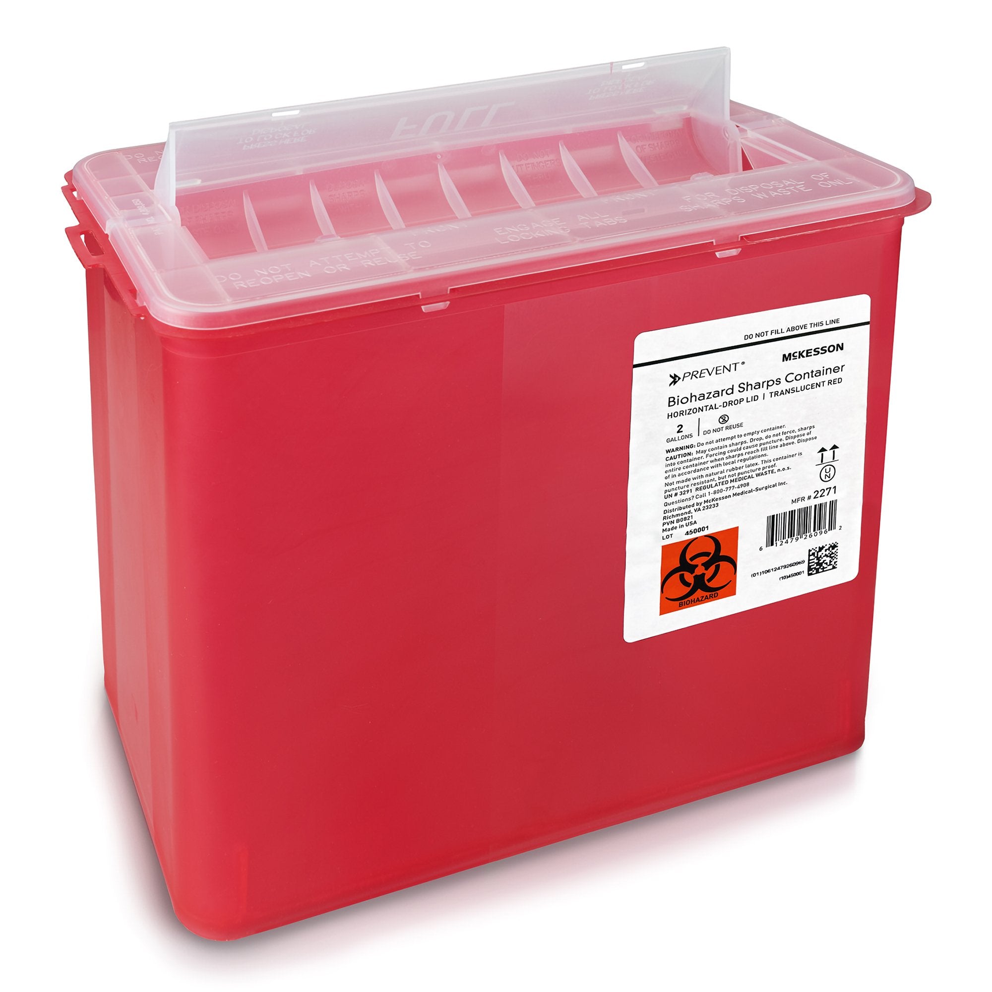 Sharps Container McKesson Prevent® Translucent Red Base 9-1/4 H X 10 W X 6 D Inch Horizontal Entry 2 Gallon