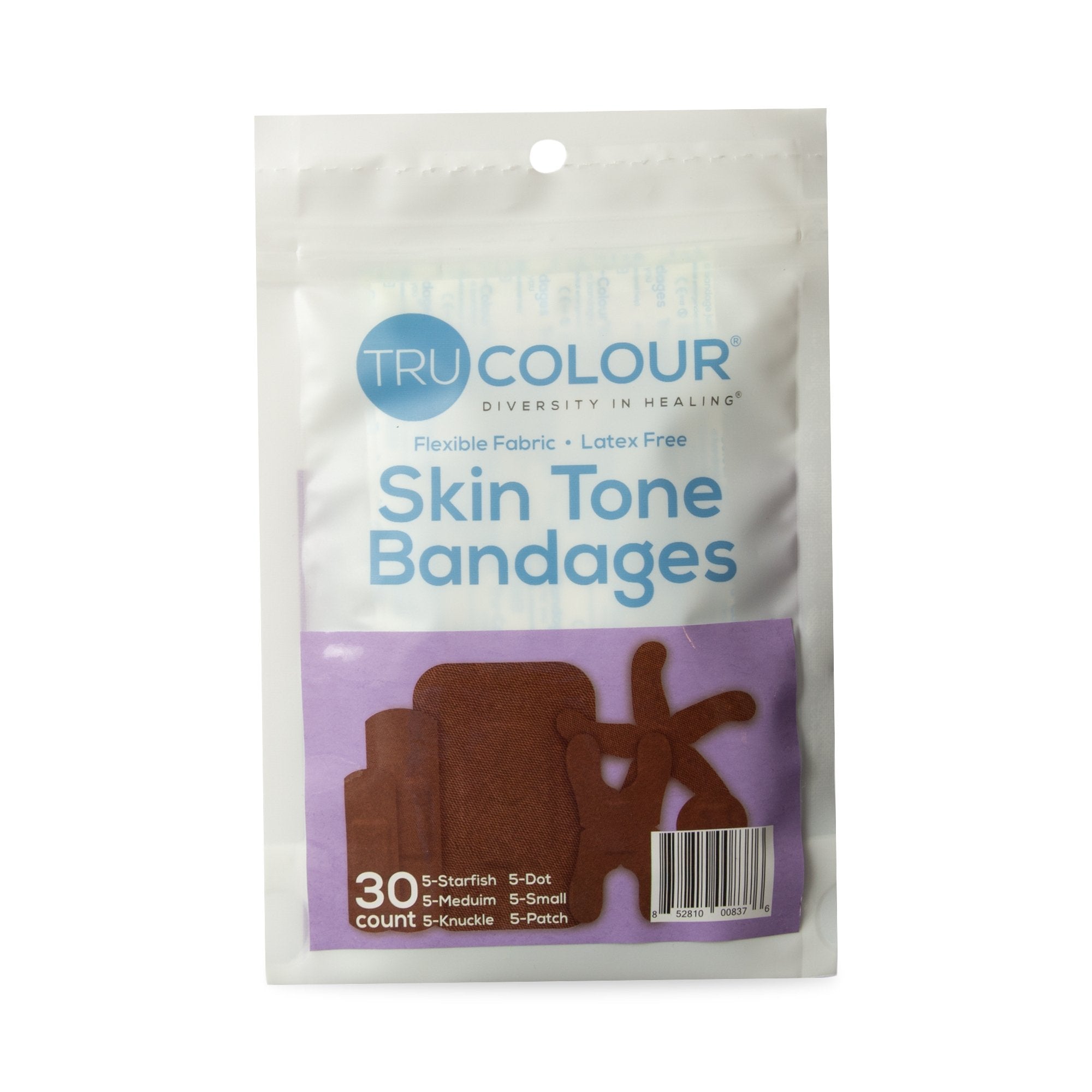 Waterproof Adhesive Strip Tru-Colour® Assorted Sizes Fabric Rectangle / Spot / Patch / Fingertip / Knuckle Dark Brown Sterile