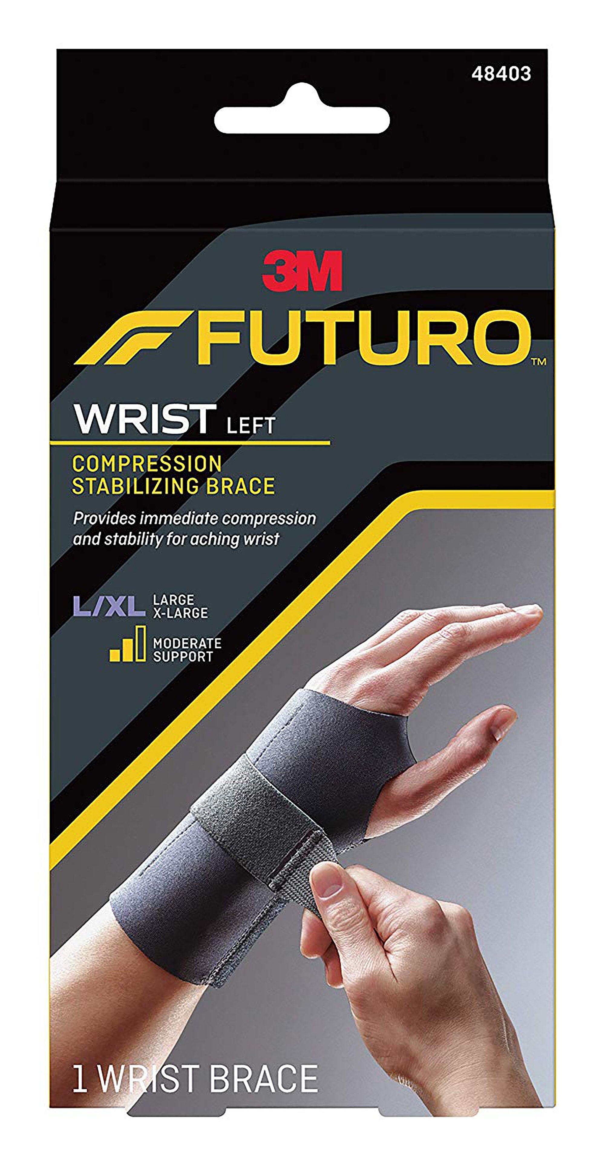 Wrist Brace Futuro™ Compression Stabilizing Low Profile Aluminum / Nylon / Polyester / Polyethylene / Spandex / Silicone Left Hand Black Large / X-Large