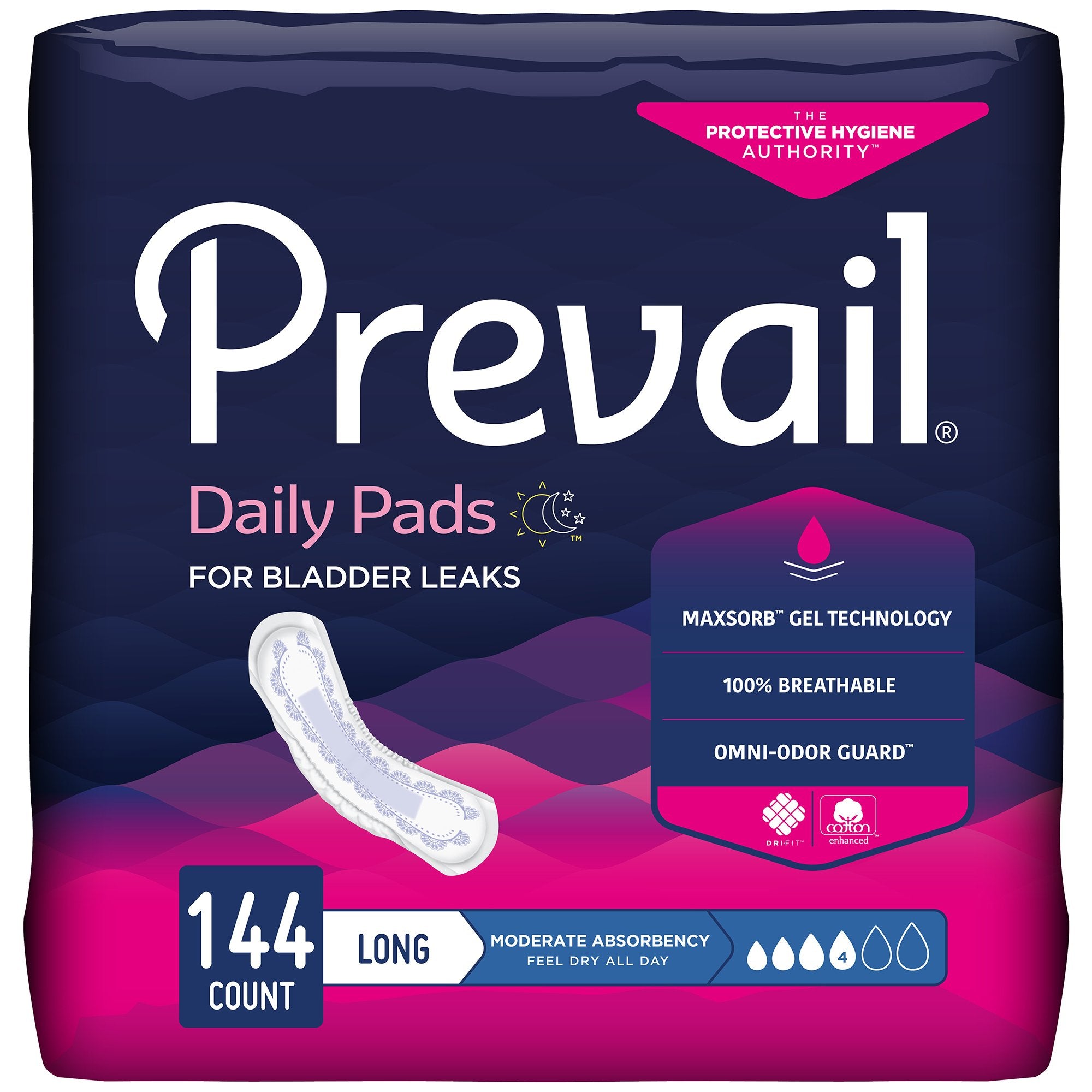 Bladder Control Pad Prevail® Daily Pads 11 Inch Length Moderate Absorbency Polymer Core One Size Fits Most Adult Female Disposable