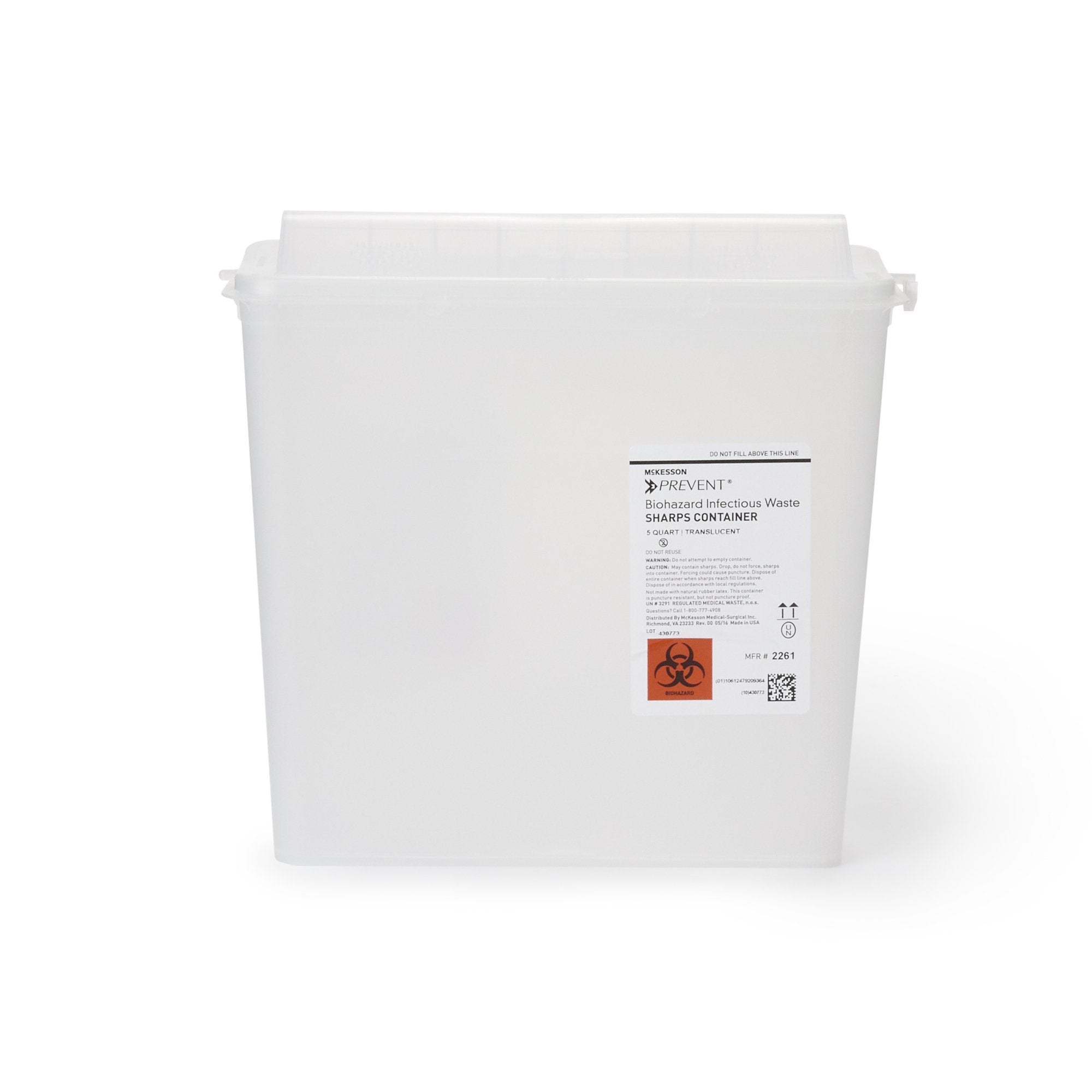 Sharps Container McKesson Prevent® Translucent Base 10-3/4 H X 10-1/2 W X 4-3/4 D Inch Horizontal Entry 1.25 Gallon