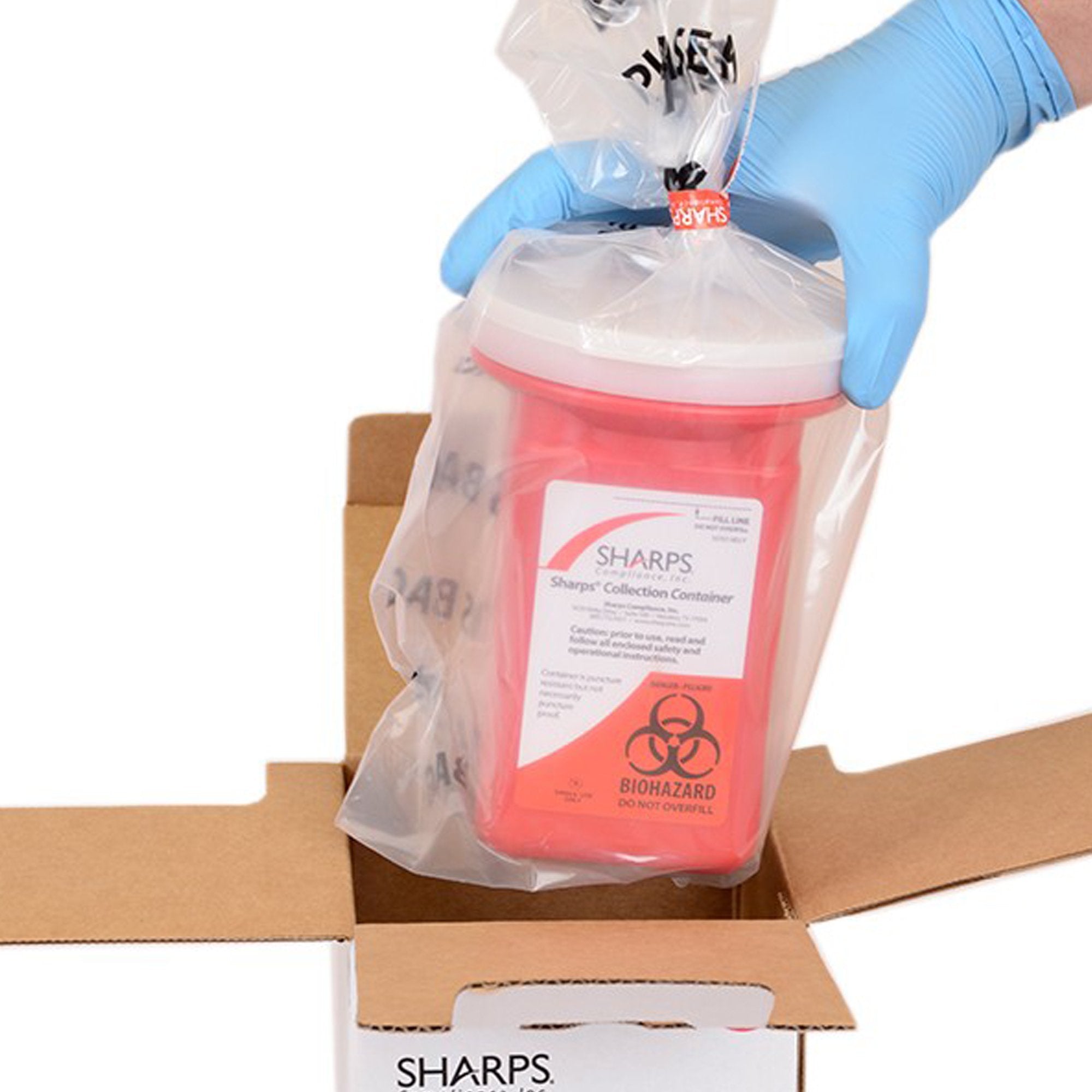 Mailback Sharps Container Sharps Recovery System™ Red Base 4-1/2 L X 4-1/2 W X 7 H Inch Vertical Entry 0.25 Gallon