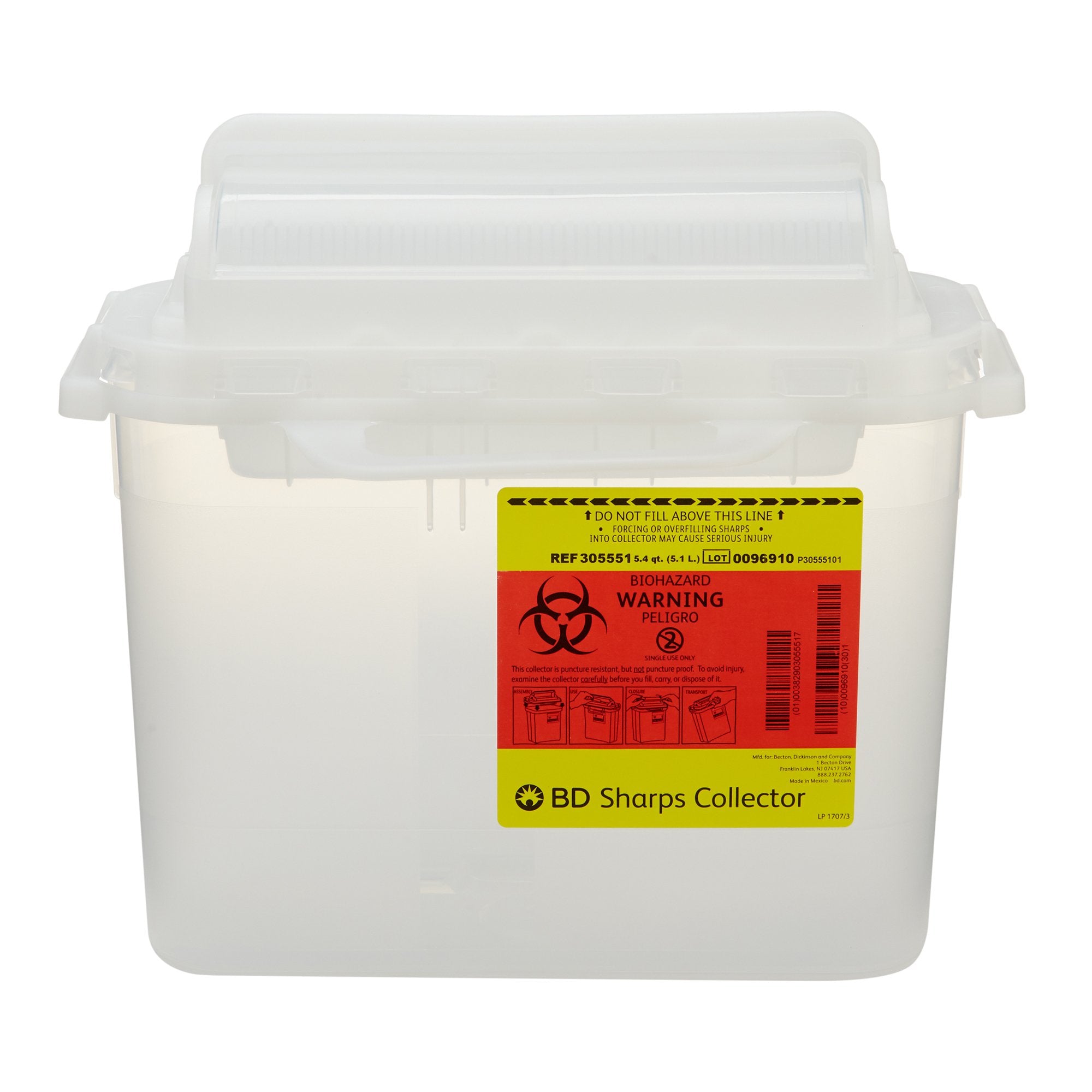 Sharps Container BD™ Translucent White Base 12 H X 12 W X 4-4/5 D Inch Horizontal Entry 1.35 Gallon