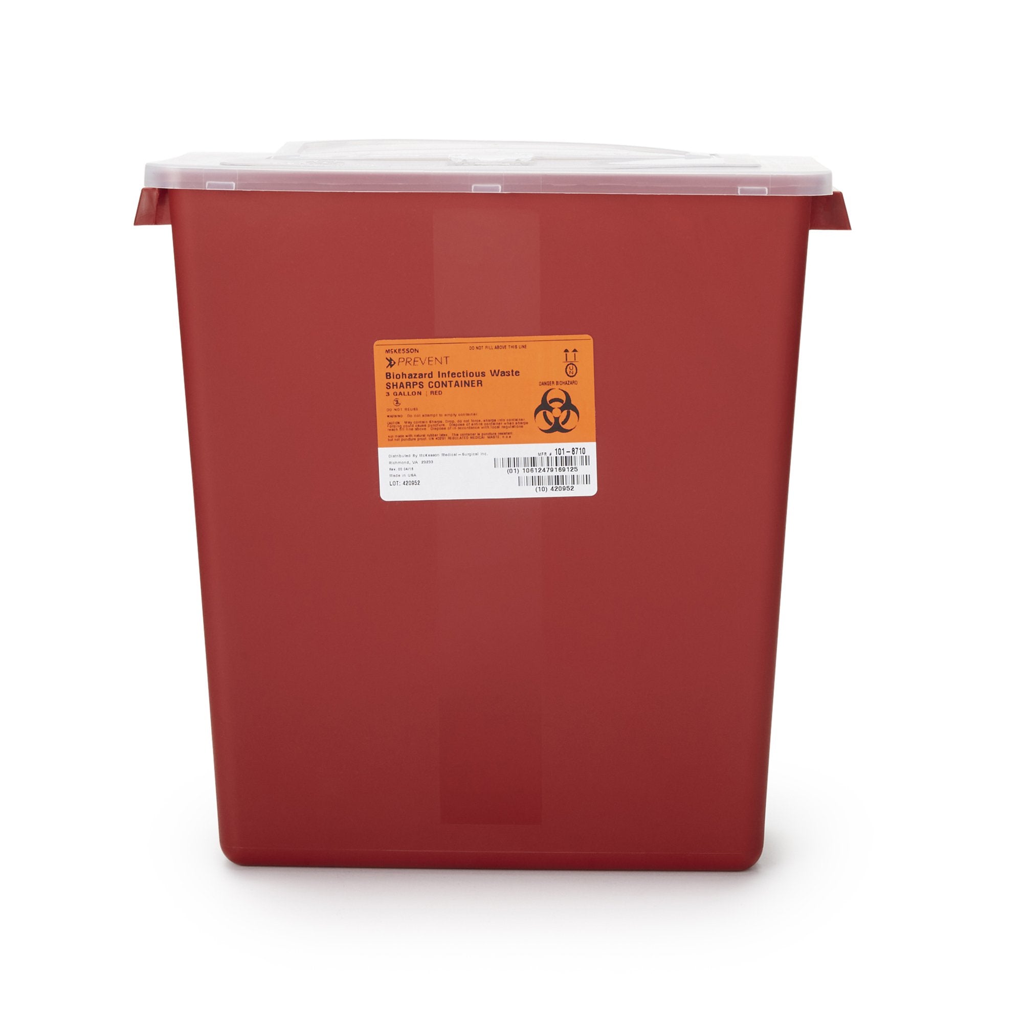 Sharps Container McKesson Red Base 13-1/2 H X 12-1/2 W X 6 D Inch Horizontal Entry 3 Gallon