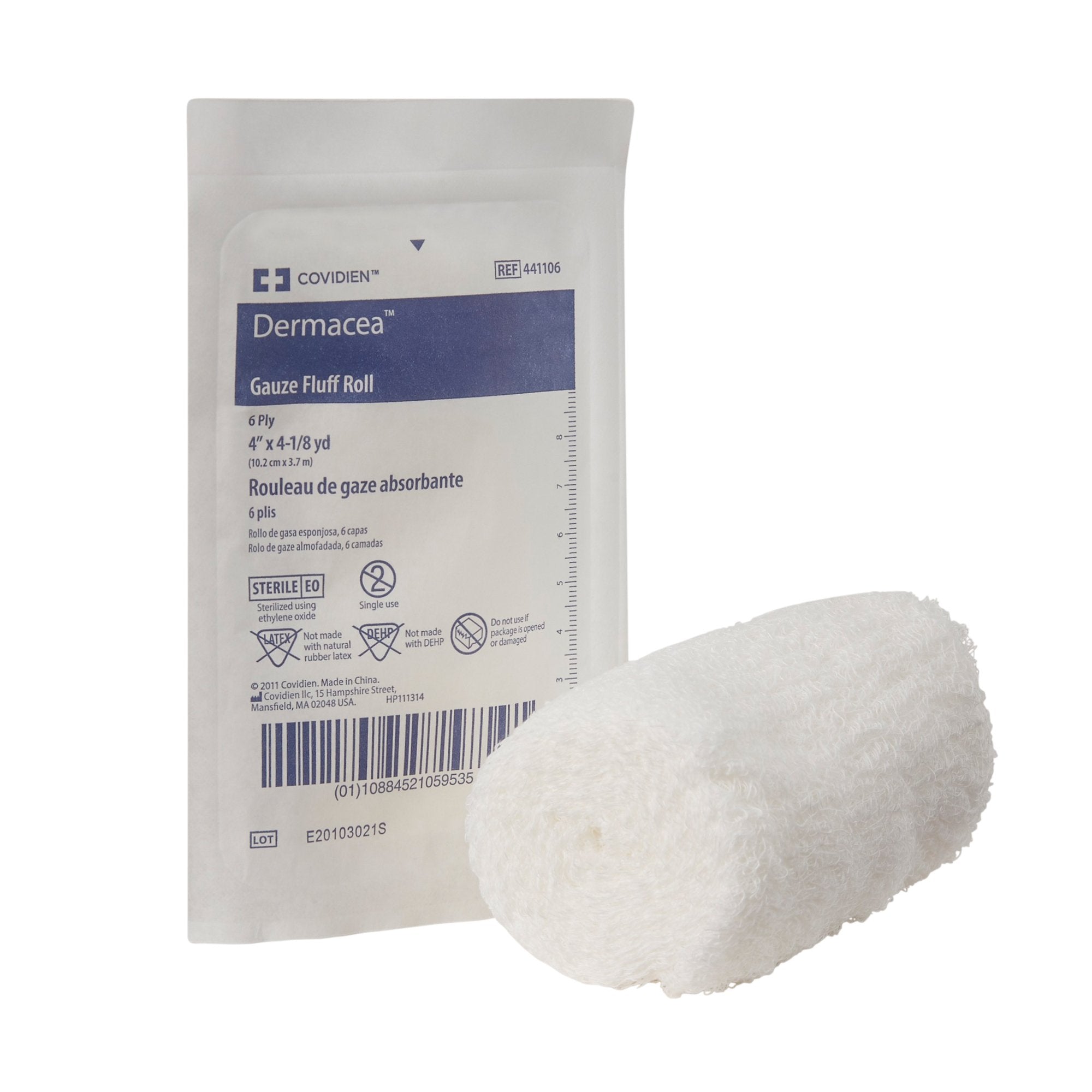 Fluff Bandage Roll Dermacea™ 4 Inch X 4-1/8 Yard 1 per Pouch Sterile 6-Ply Roll Shape