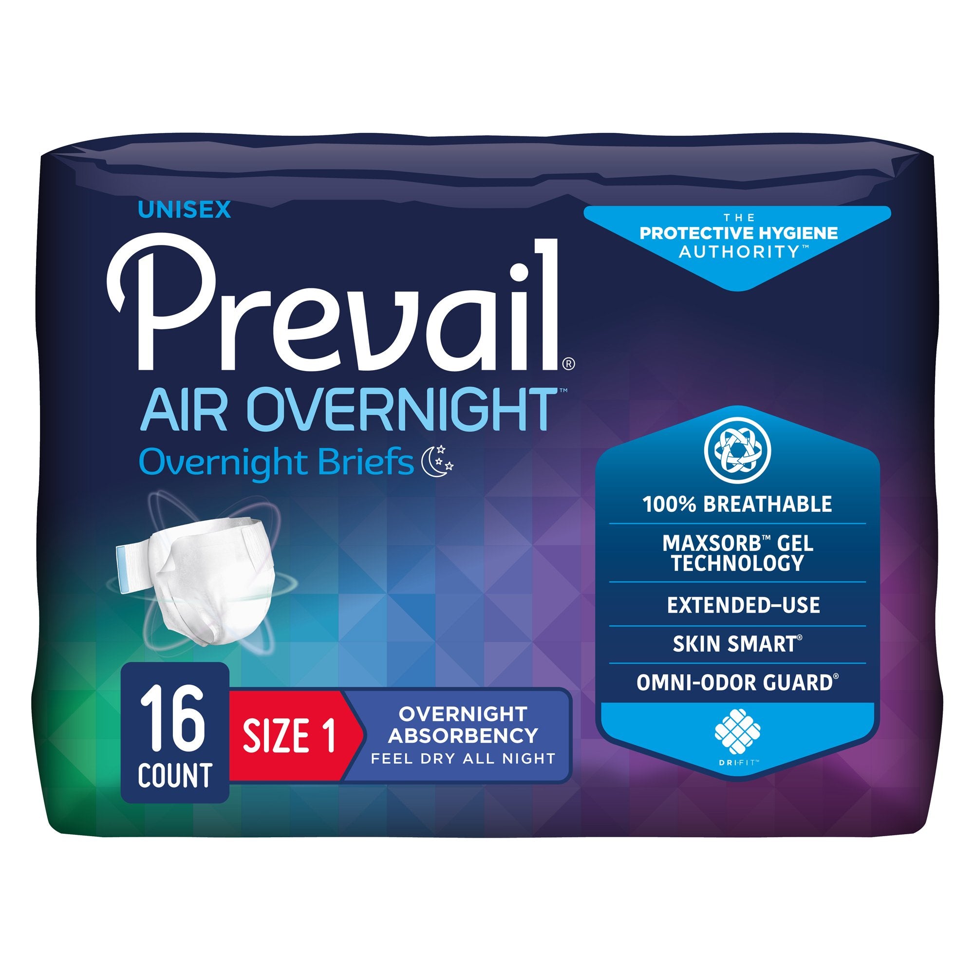 Unisex Adult Incontinence Brief Prevail Air™ Overnight Size 1 Disposable Heavy Absorbency