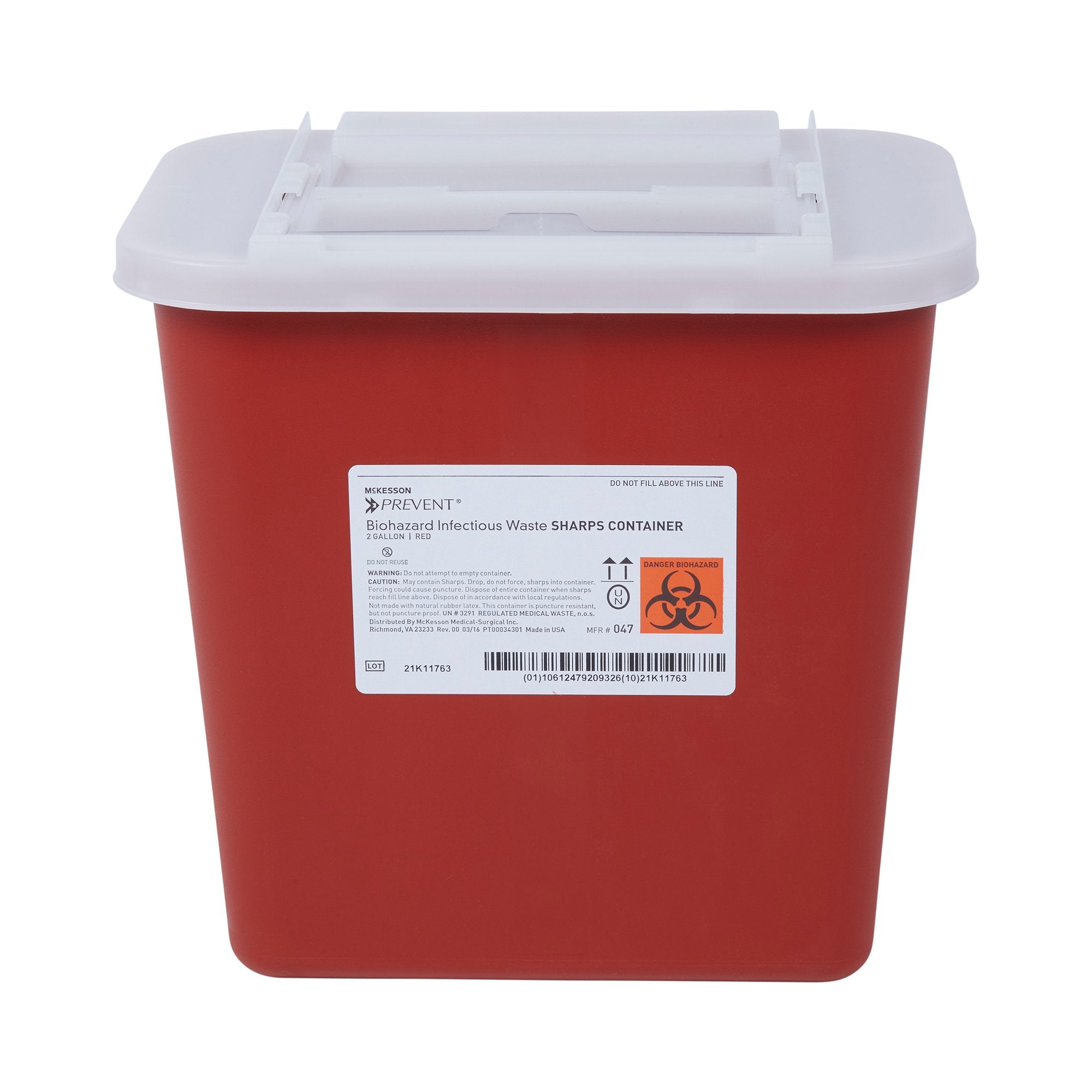 Sharps Container McKesson Prevent® Red Base 10-1/4 H X 7 W X 10-1/2 D Inch Horizontal Entry 2 Gallon