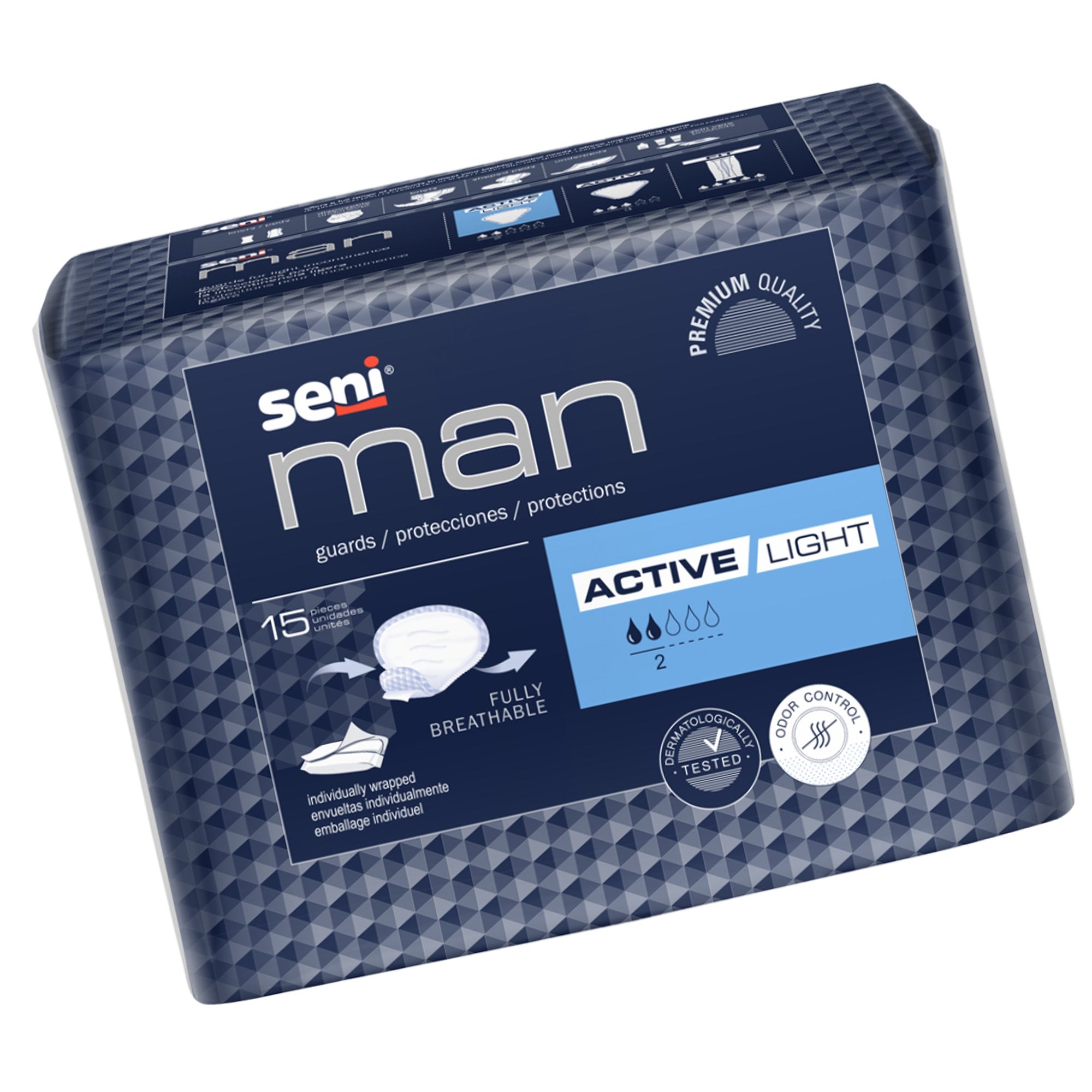 Bladder Control Pad Seni® Man Active Light 7-1/2 X 9-3/10 Inch Light Absorbency Superabsorbant Core One Size Fits Most