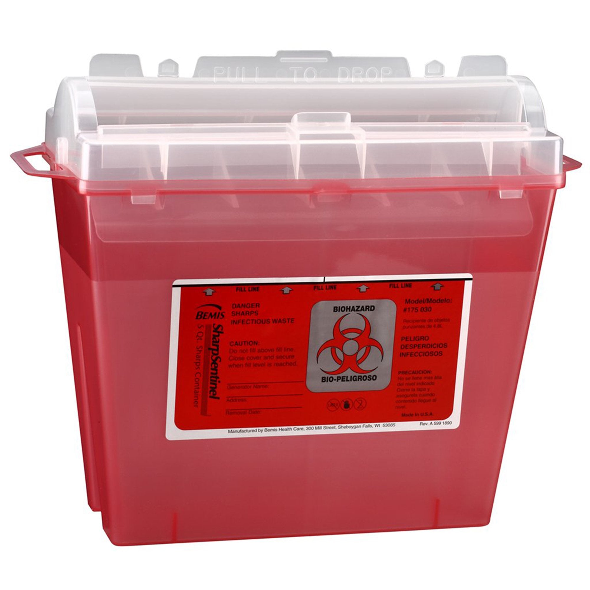 Sharps Container Bemis™ Sentinel Translucent Red Base 10 H X 5-1/4 W X 11 D Inch Horizontal Entry 1.25 Gallon