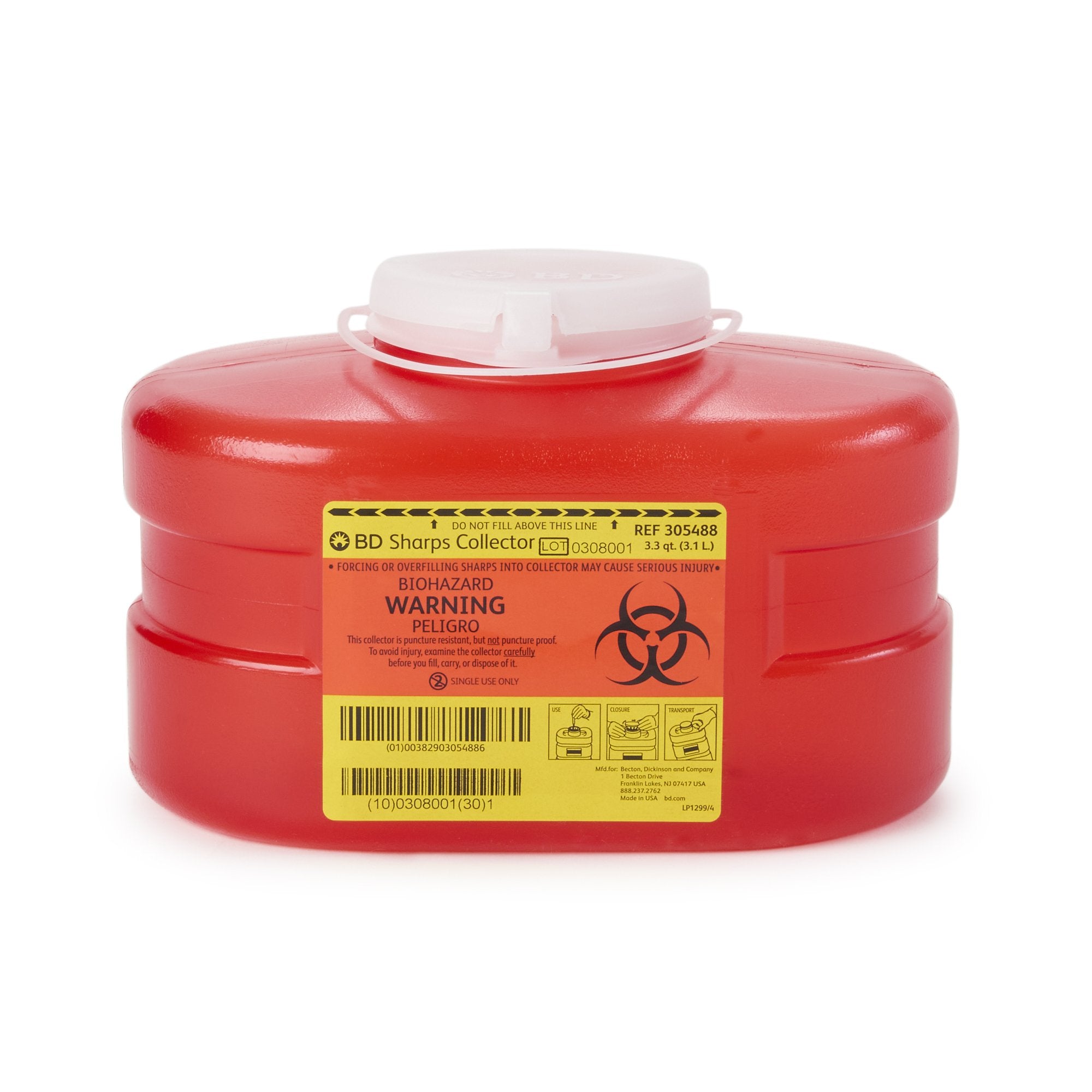 Sharps Container BD™ Red Base 5-3/10 H X 9-1/10 W X 5 D Inch Vertical Entry 0.825 Gallon