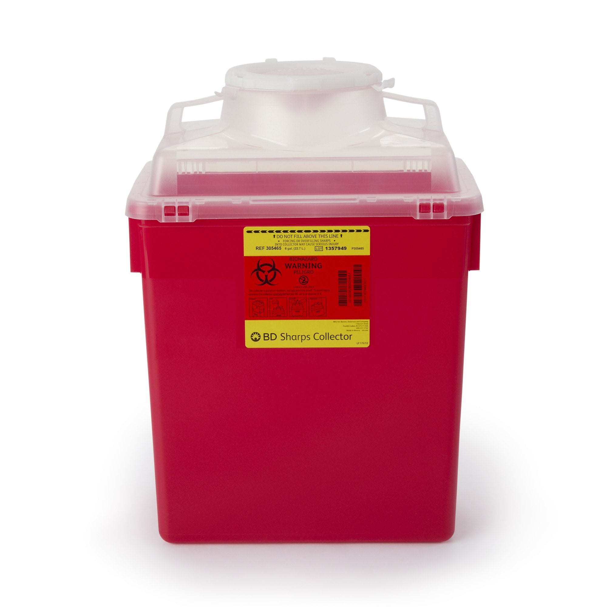 Sharps Container BD™ Red Base 17-1/2 X 12-4/5 X 8-4/5 Inch Vertical Entry 6 Gallon