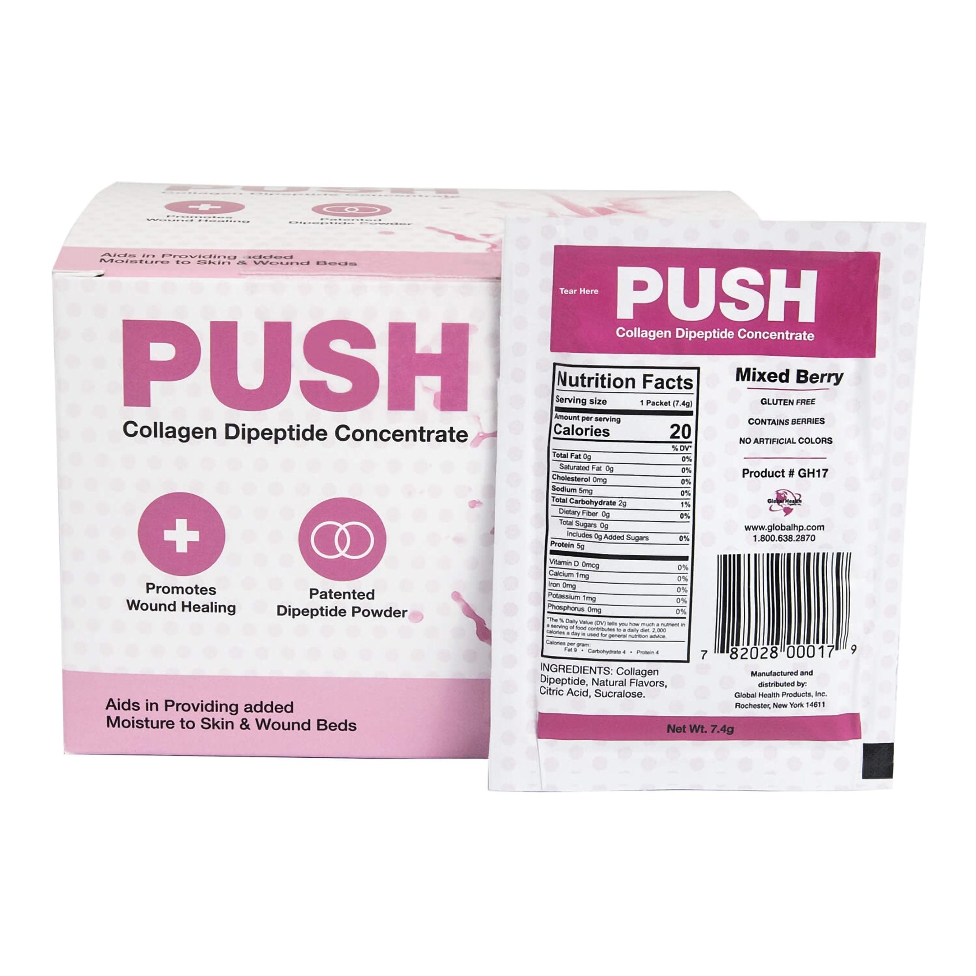 Oral Supplement PUSH Collagen Dipeptide Concentrate Mixed Berry Flavor Powder 7.4 Gram Individual Packet