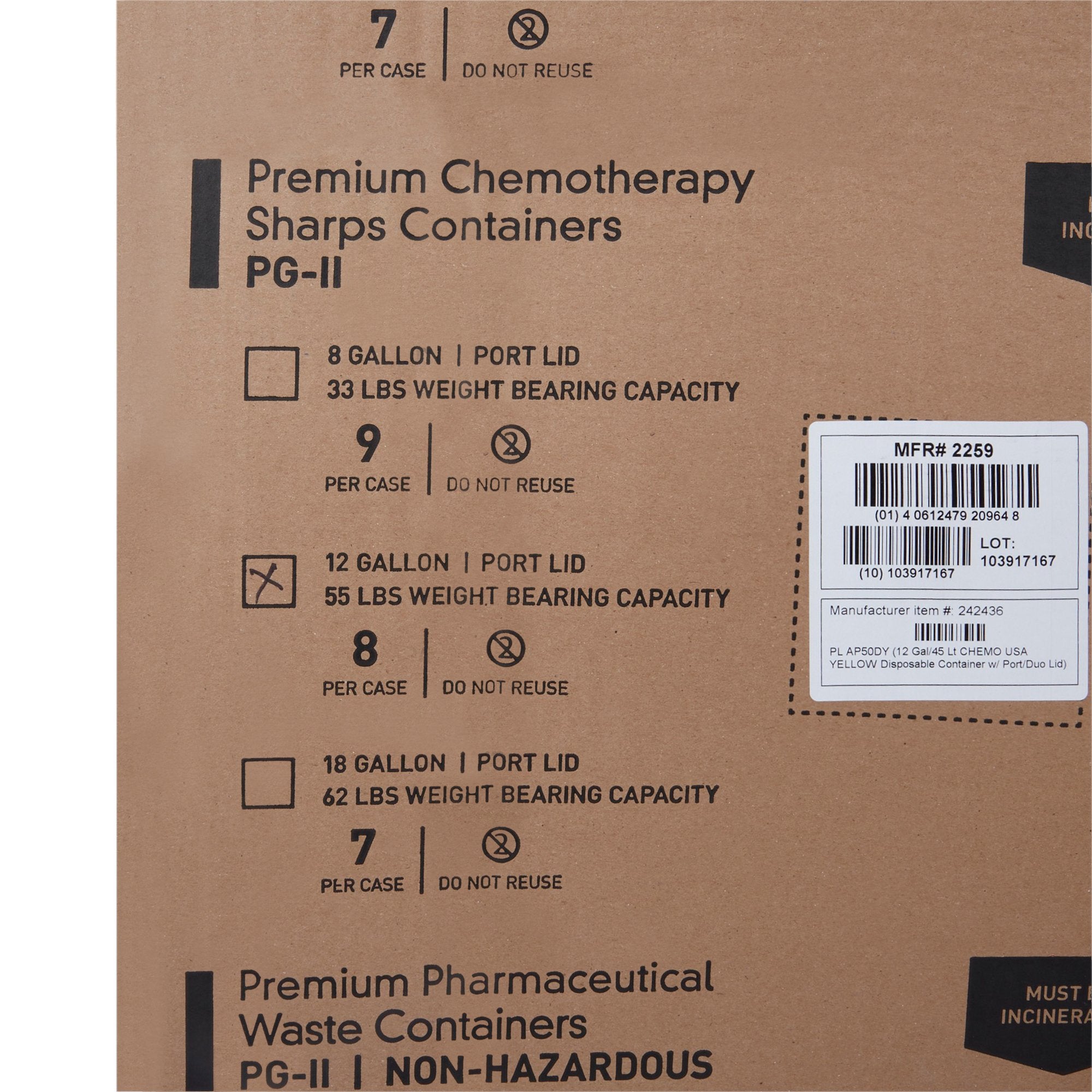 Chemotherapy Waste Container McKesson Prevent® Yellow Base 20-4/5 H X 17-3/10 W X 13 L Inch Vertical Entry 12 Gallon