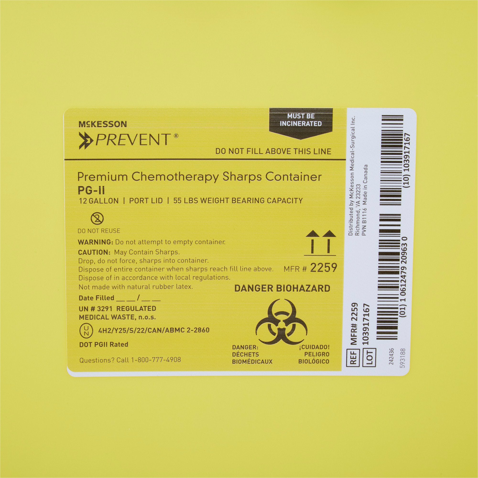 Chemotherapy Waste Container McKesson Prevent® Yellow Base 20-4/5 H X 17-3/10 W X 13 L Inch Vertical Entry 12 Gallon