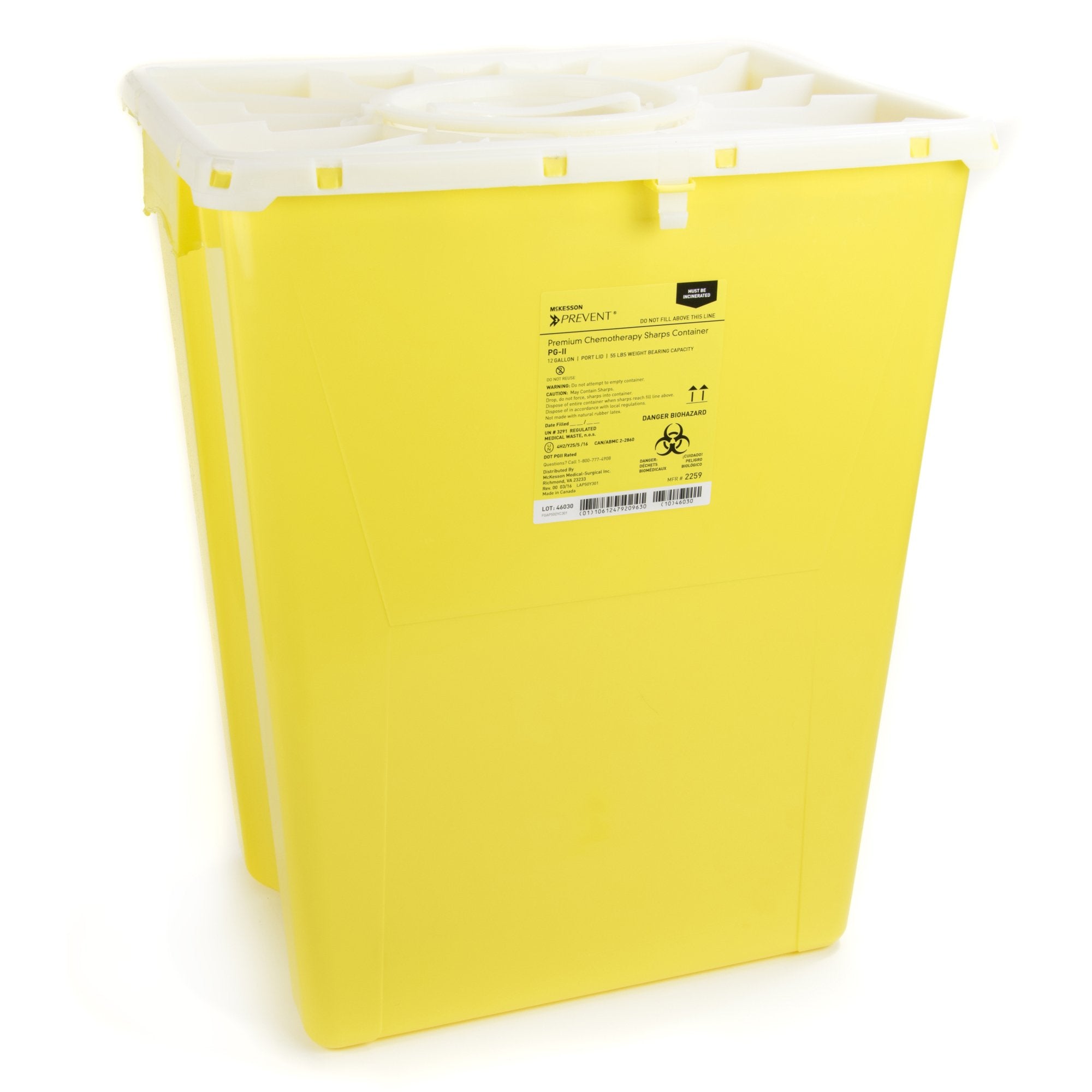 Chemotherapy Waste Container McKesson Prevent® Yellow Base 20-4/5 H X 17-3/10 W X 13 L Inch Vertical Entry 12 Gallon