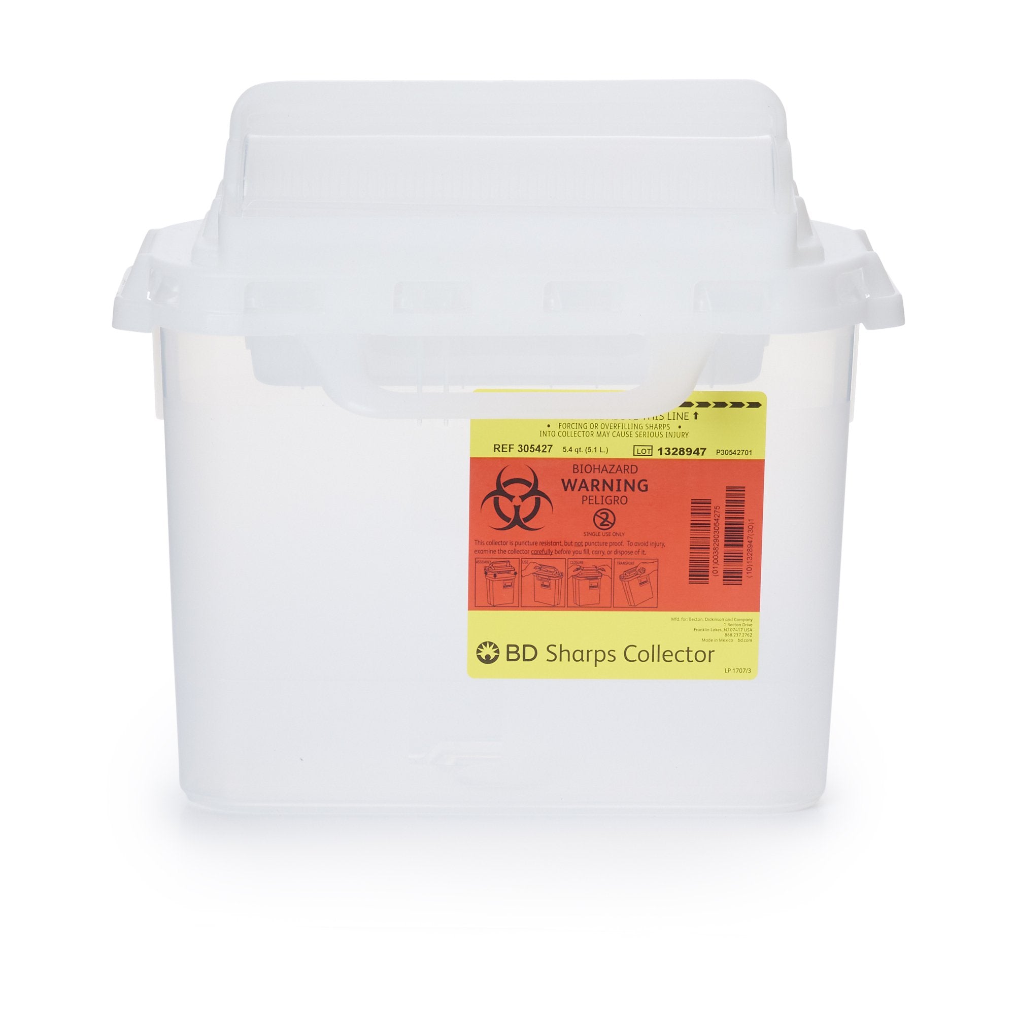 Sharps Container BD™ Translucent White Base 12 H X 12 W X 4-4/5 D Inch Horizontal Entry 1.35 Gallon