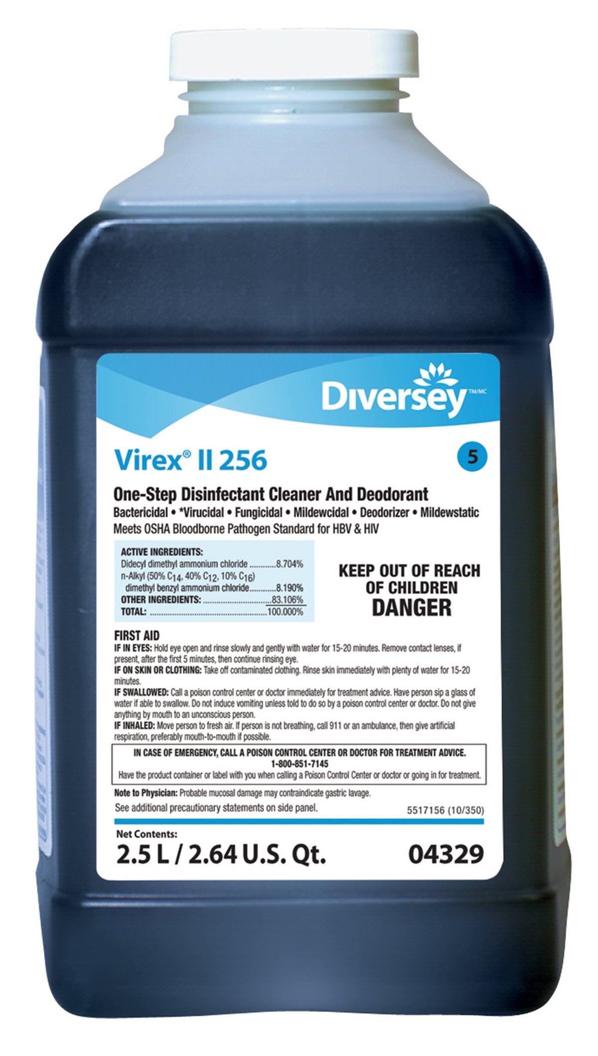 Diversey™ Virex® II 256 Surface Disinfectant Cleaner Quaternary Based J-Fill® Dispensing Systems Liquid Concentrate 2.5 Liter Bottle Mint Scent NonSterile